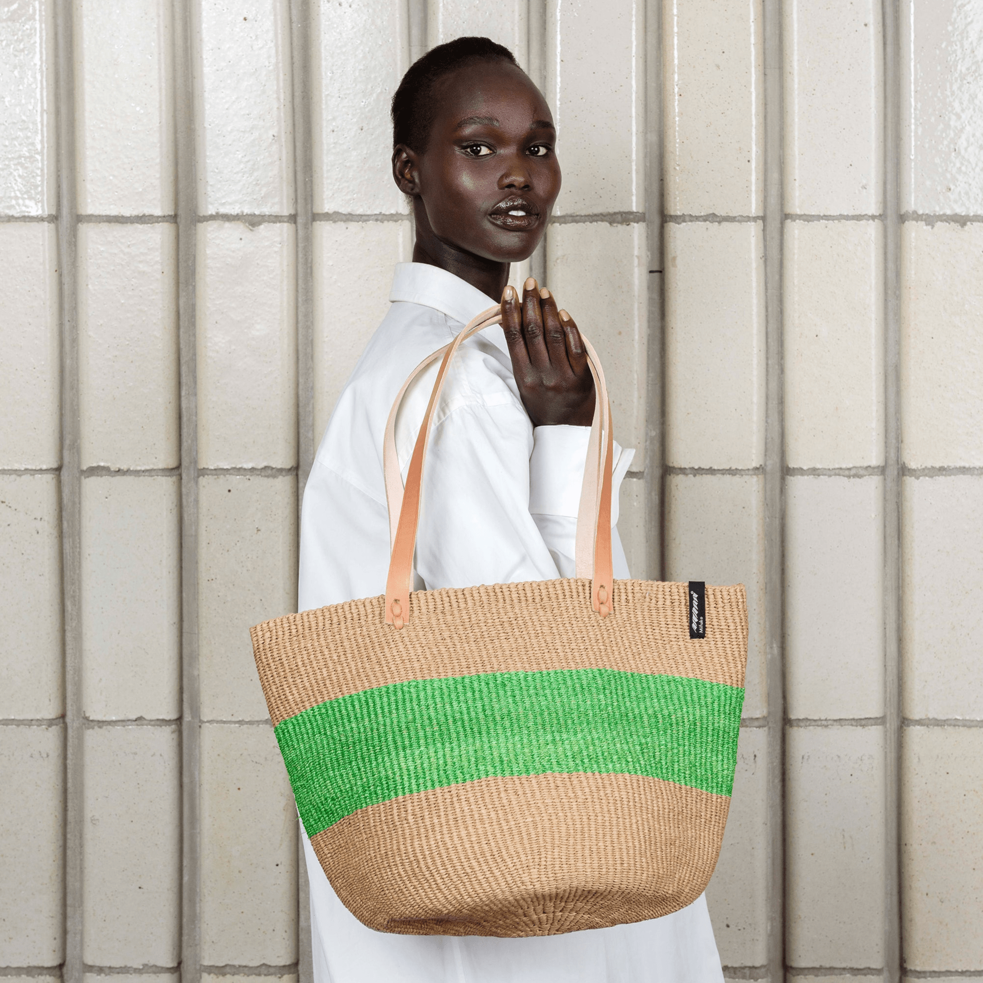 Mifuko Paper and banana fiber Shopper basket Majani shopper basket | One thick stripe Green M