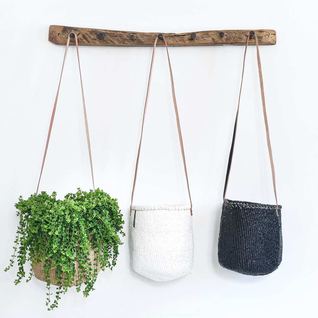 Mifuko Partly recycled plastic and sisal Basket with long handle S Kiondo hanging basket | Black S