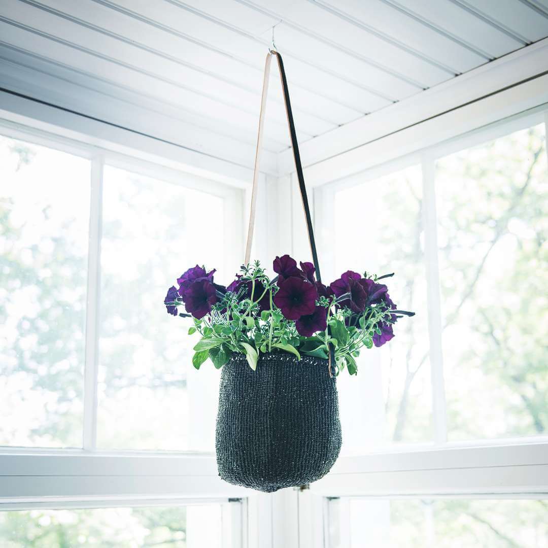 Mifuko Partly recycled plastic and sisal Basket with long handle S Kiondo hanging basket | Black S