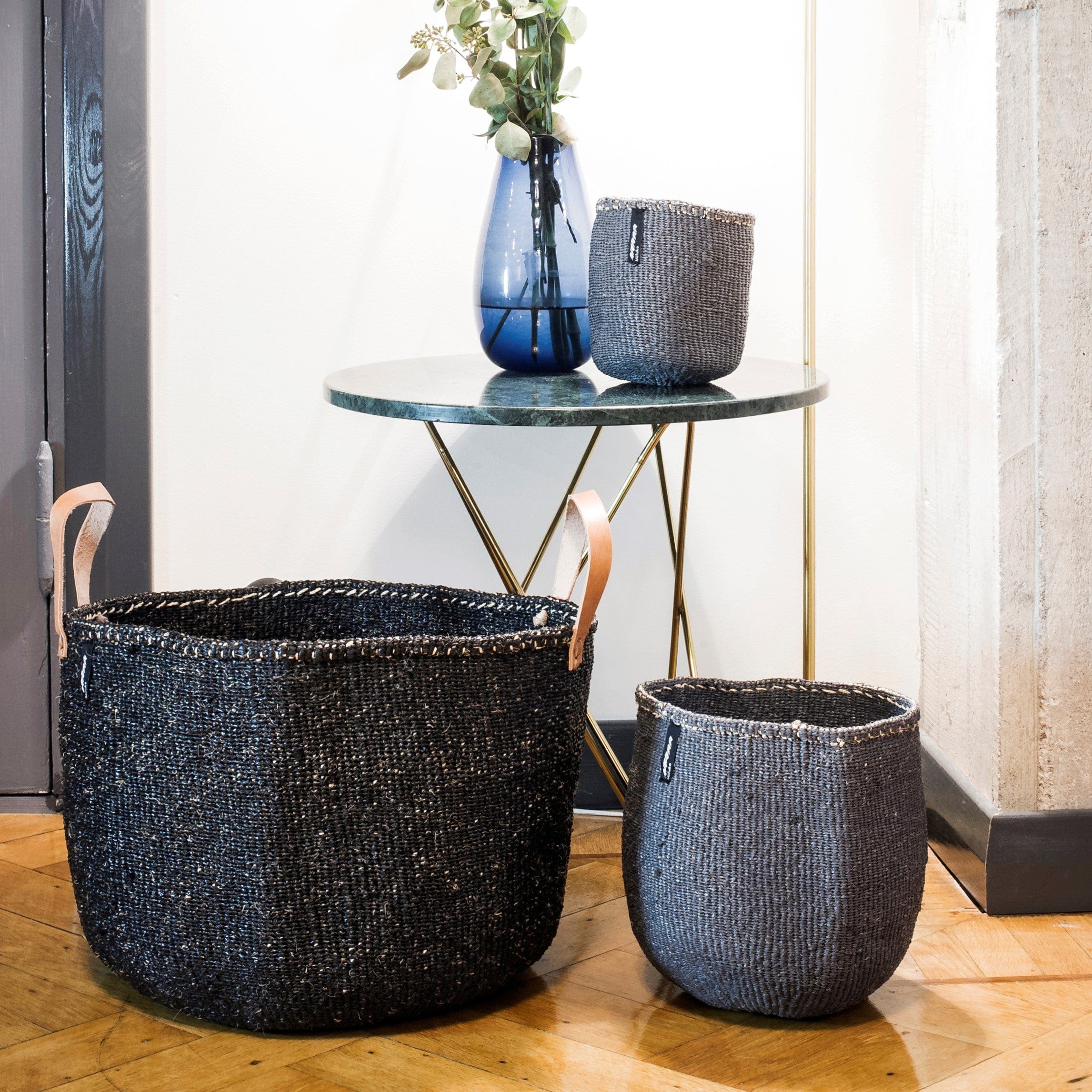 Mifuko Partly recycled plastic and sisal Large basket with handle XXL Kiondo floor basket | Black with handles XXL