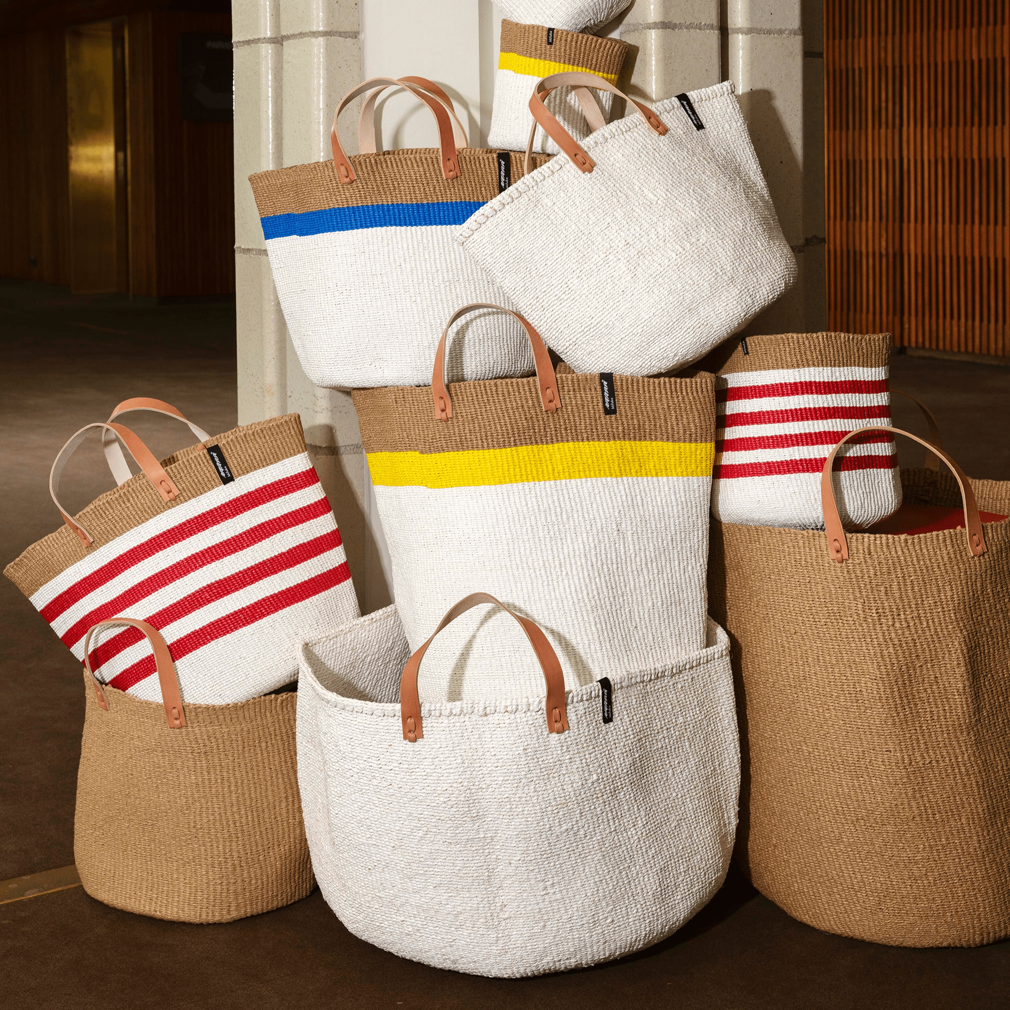 Mifuko Partly recycled plastic and sisal Large basket with handle XXL Kiondo floor basket | White with handles XXL