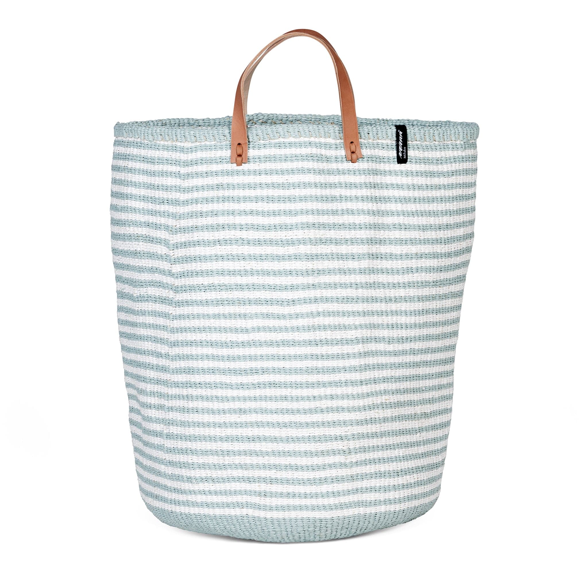 Mifuko Partly recycled plastic and sisal Large basket with handles XL Kiondo floor basket | Light blue thin stripes with handles XL