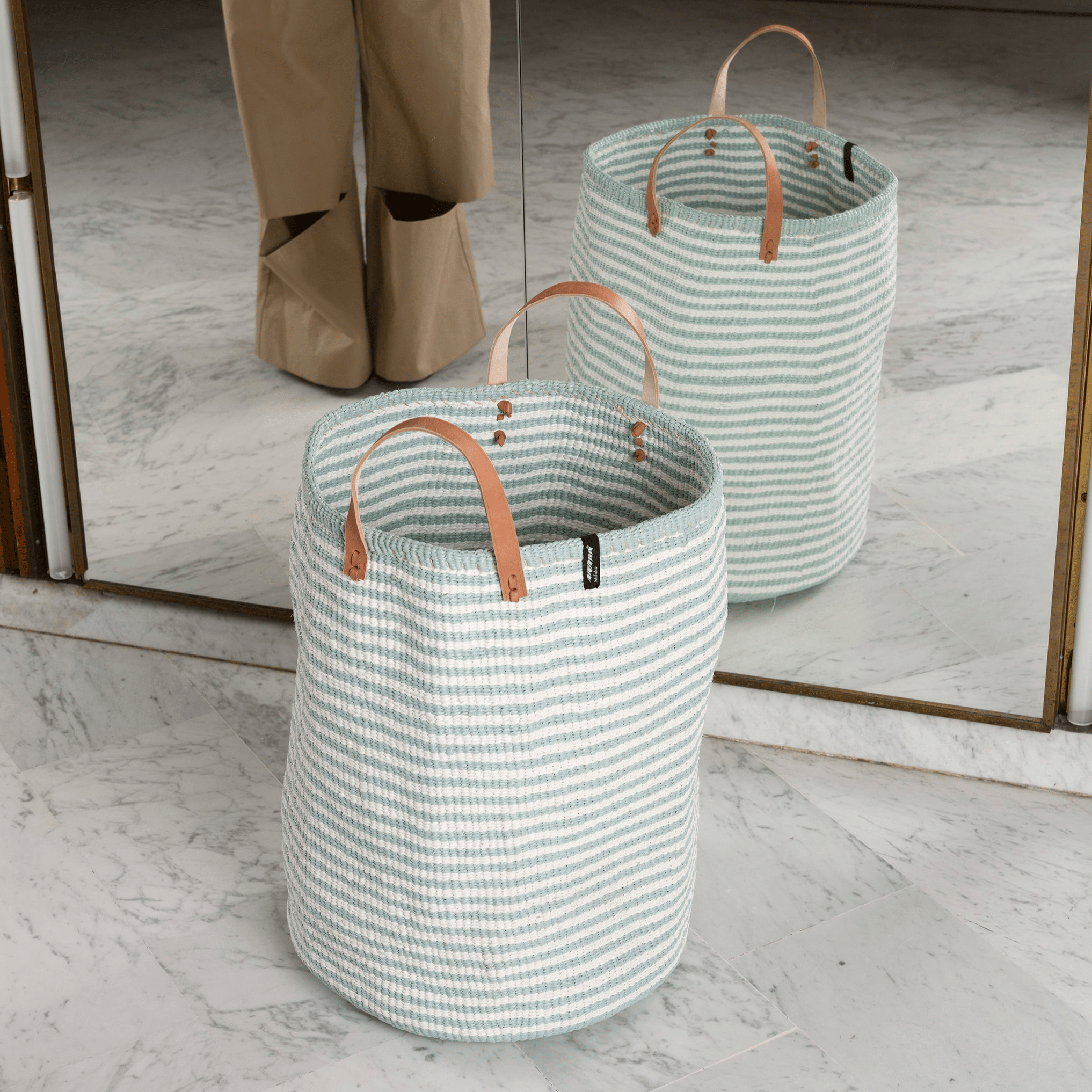 Mifuko Partly recycled plastic and sisal Large basket with handles XL Kiondo floor basket | Light blue thin stripes with handles XL