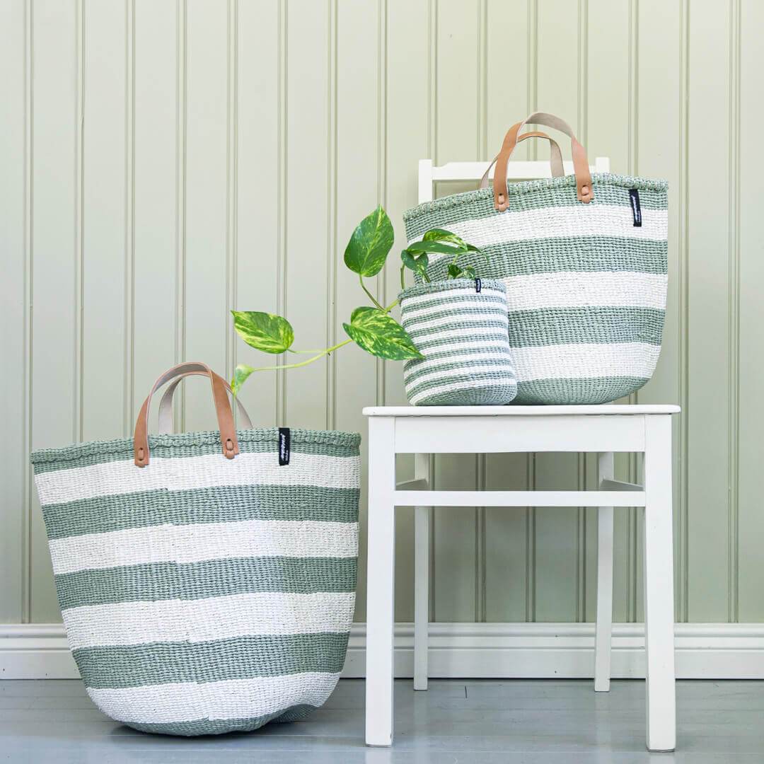 Mifuko Partly recycled plastic and sisal Market basket L Kiondo market basket | Light green stripes L
