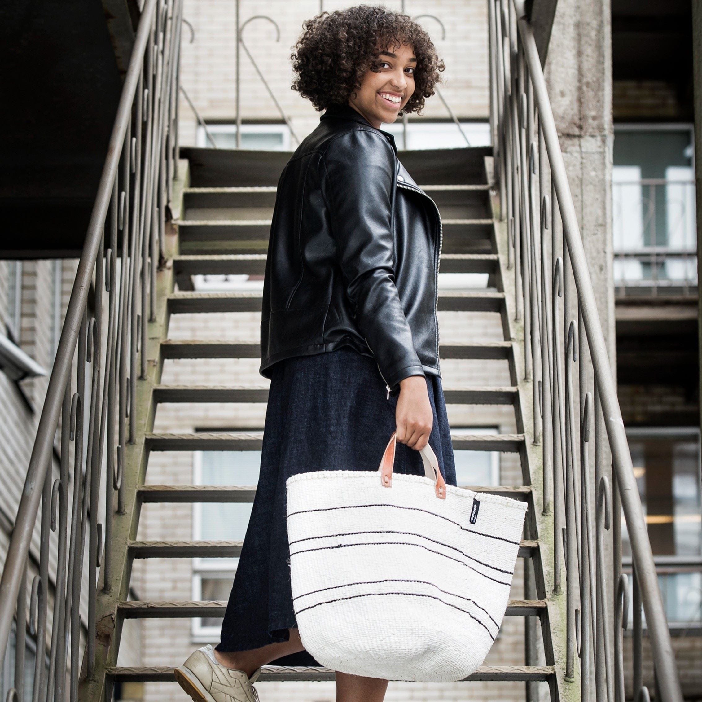 Fair Trade handmade white market basket with 5 black stripes L