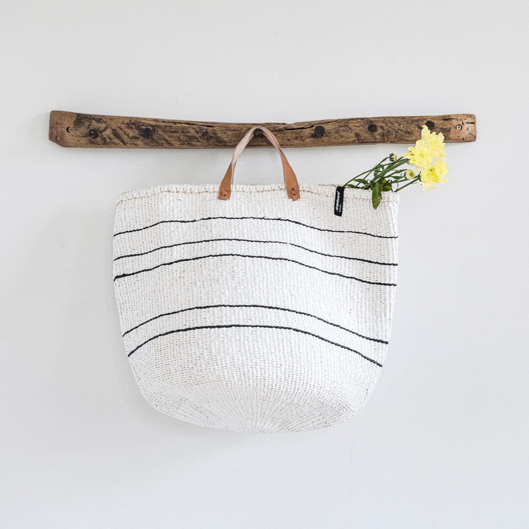 Fair Trade handmade white market basket with 5 black stripes L