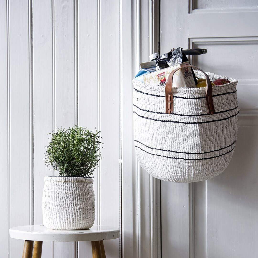 Fair Trade handmade white market basket with 5 black stripes M