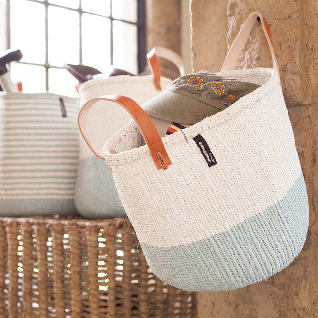 Mifuko Partly recycled plastic and sisal Market basket M Kiondo market basket | White and light blue duo M