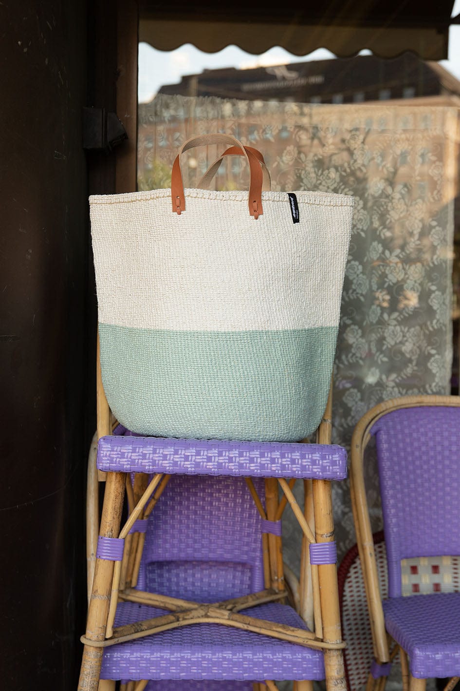 Mifuko Partly recycled plastic and sisal Market basket L Kiondo market basket | White and light blue duo L