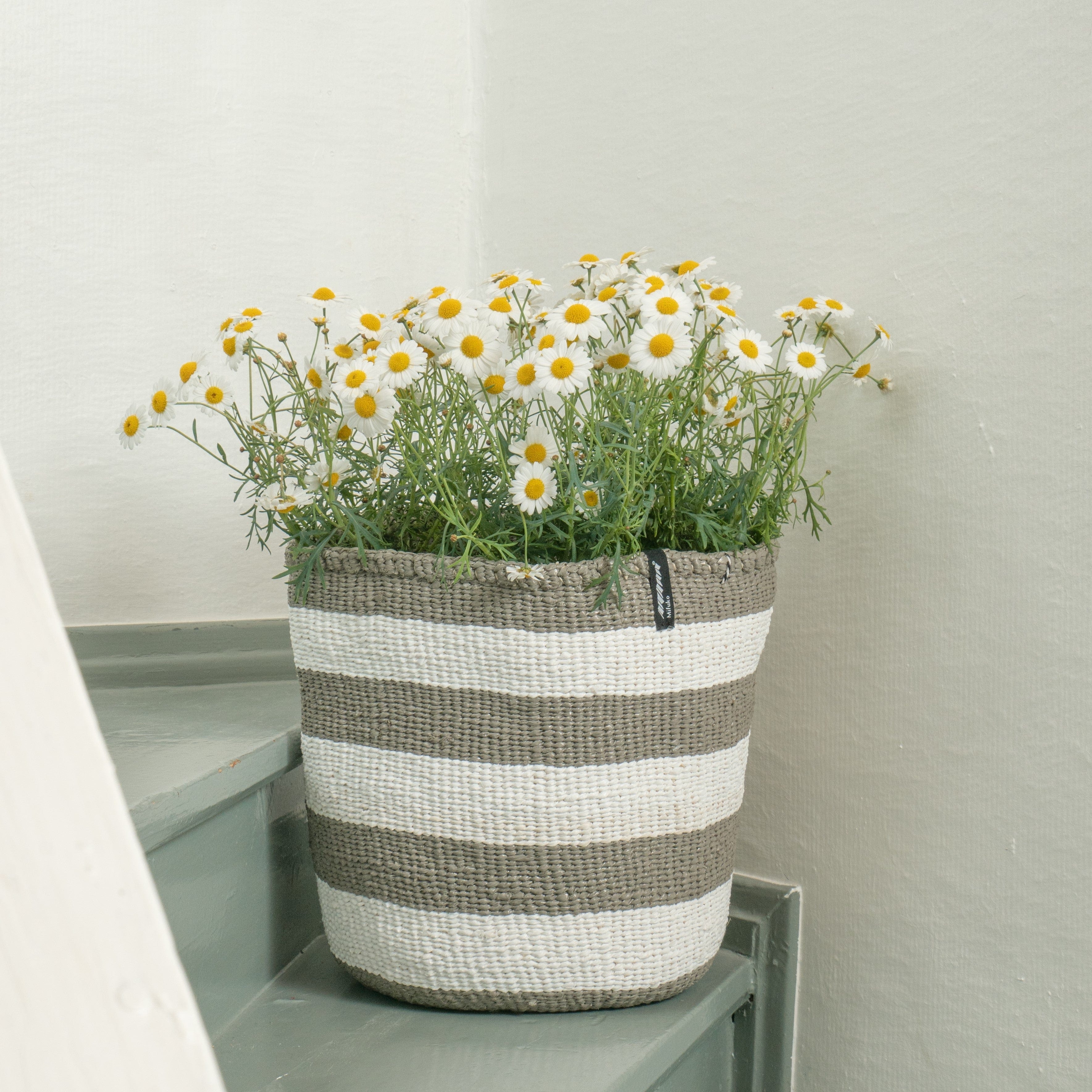 Mifuko Partly recycled plastic and sisal Medium size basket M Kiondo basket | Warm grey stripes M