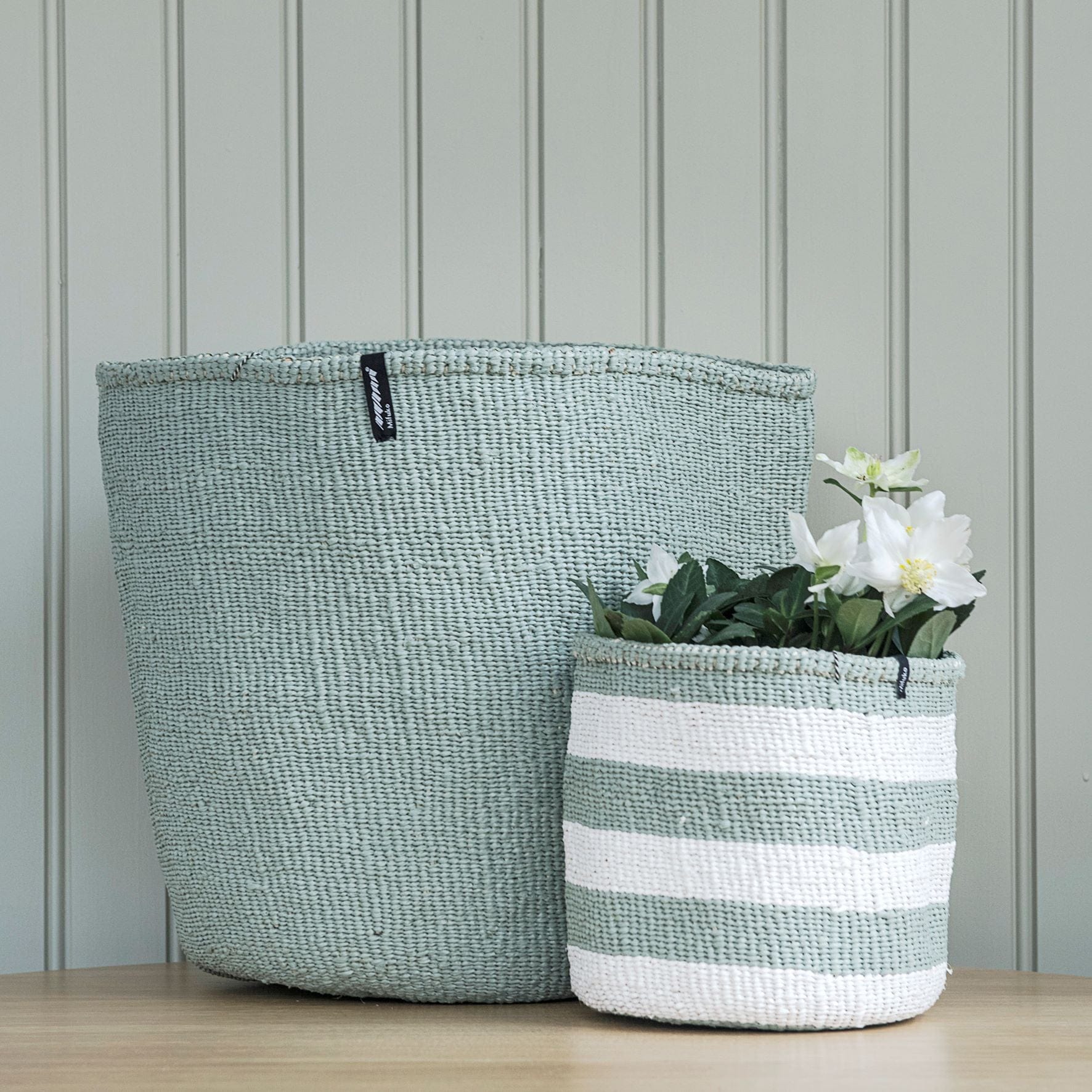 Mifuko Partly recycled plastic and sisal Medium size basket M Kiondo basket | Light blue stripes M