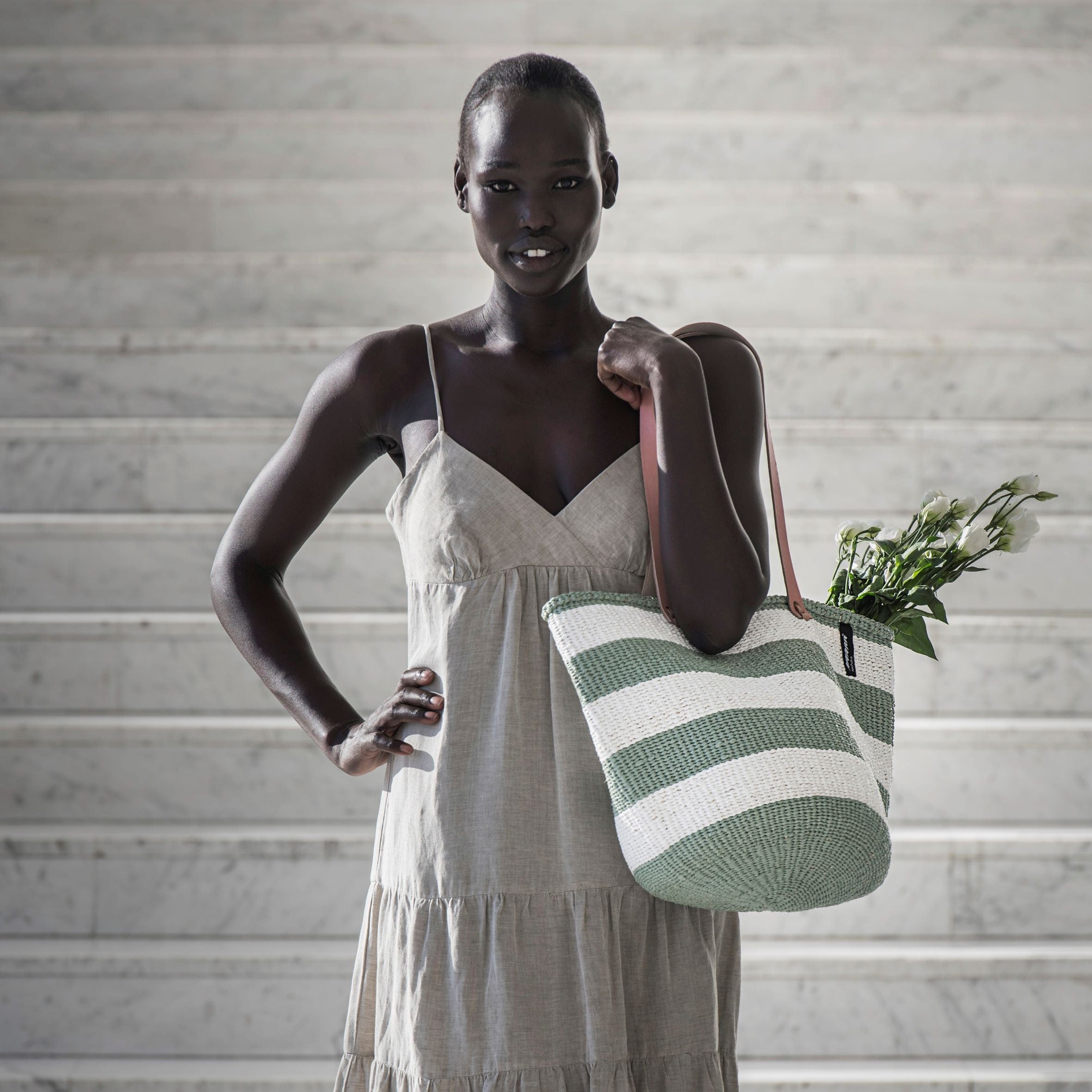 Mifuko Partly recycled plastic and sisal Shopper basket M Kiondo shopper basket | Light green stripes M