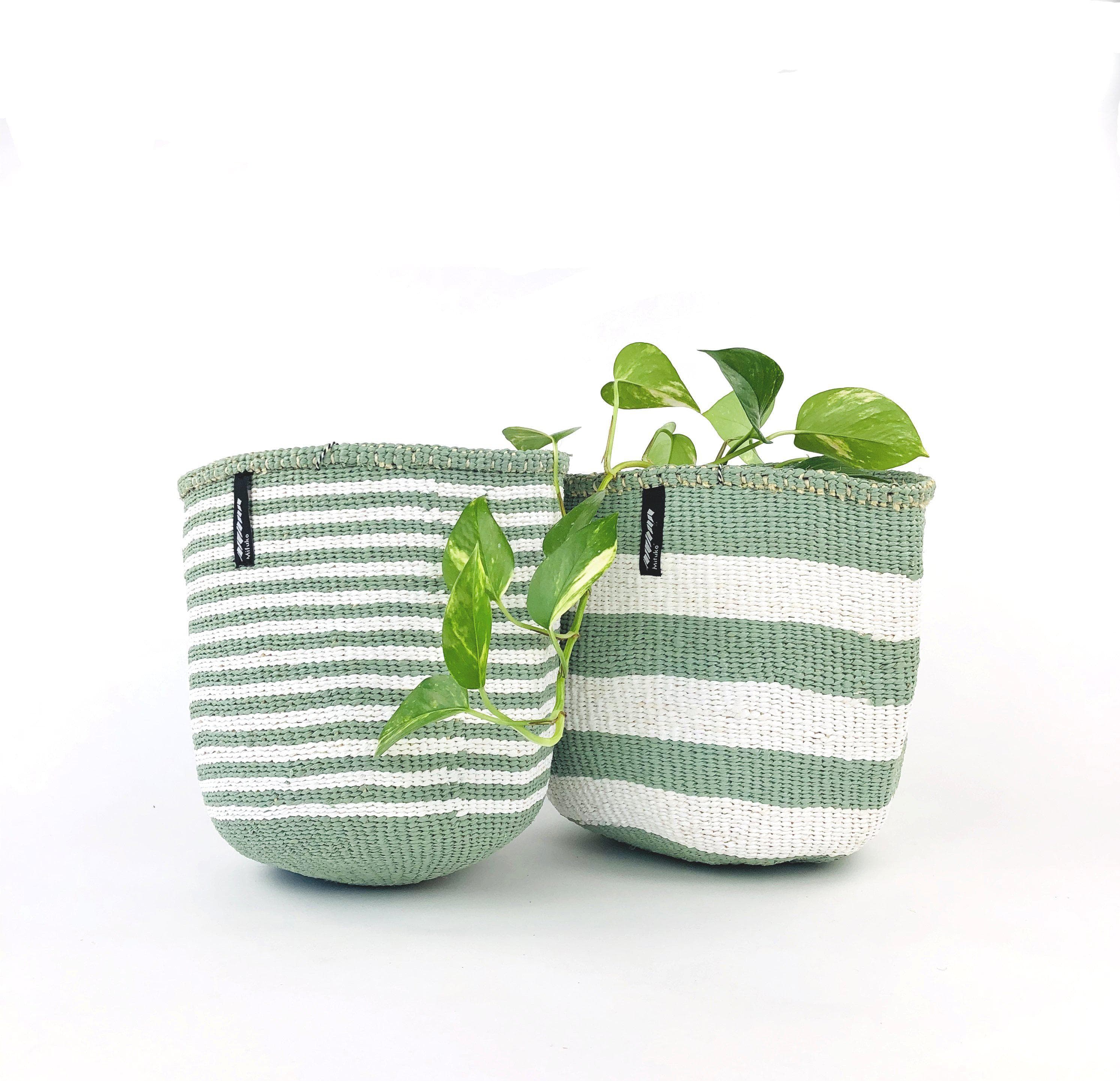 Mifuko Partly recycled plastic and sisal Small basket S Kiondo basket | Thin light green stripes S