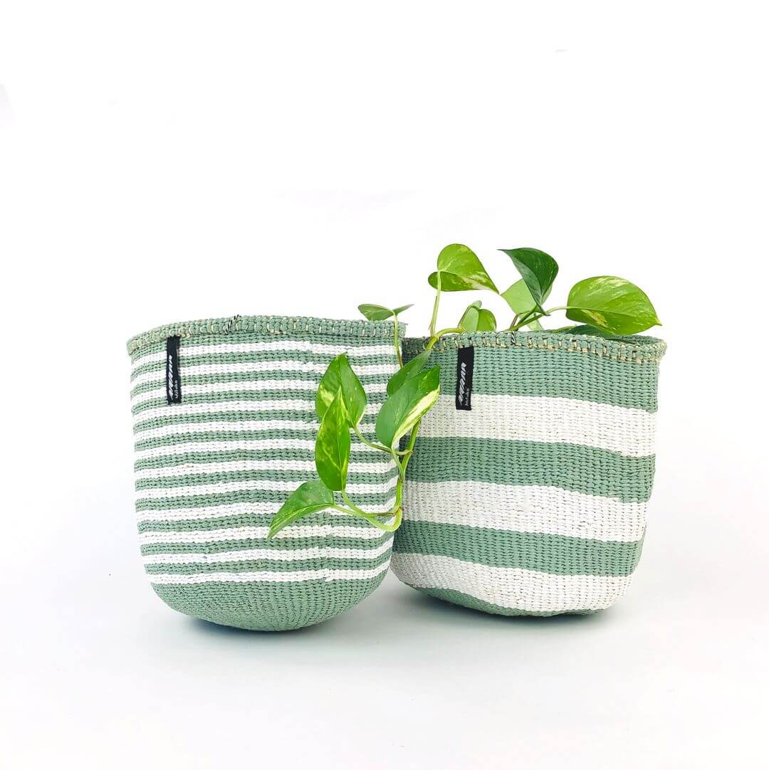 Mifuko Partly recycled plastic and sisal Small basket S Kiondo basket | Light green stripes S