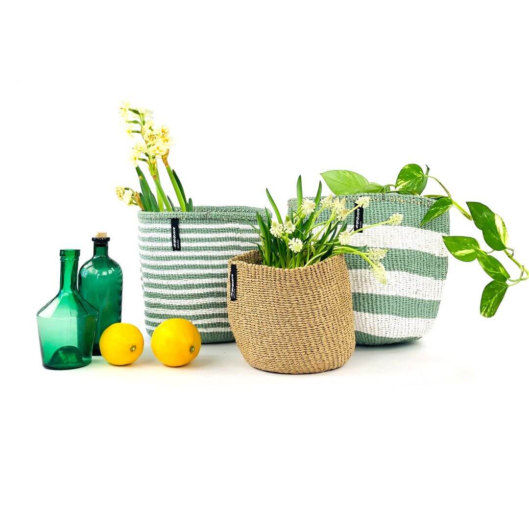 Mifuko Partly recycled plastic and sisal Small basket S Kiondo basket | Light green stripes S