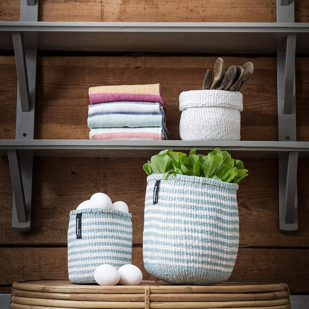 Mifuko Partly recycled plastic and sisal Small basket S Kiondo basket | Thin light blue stripes S