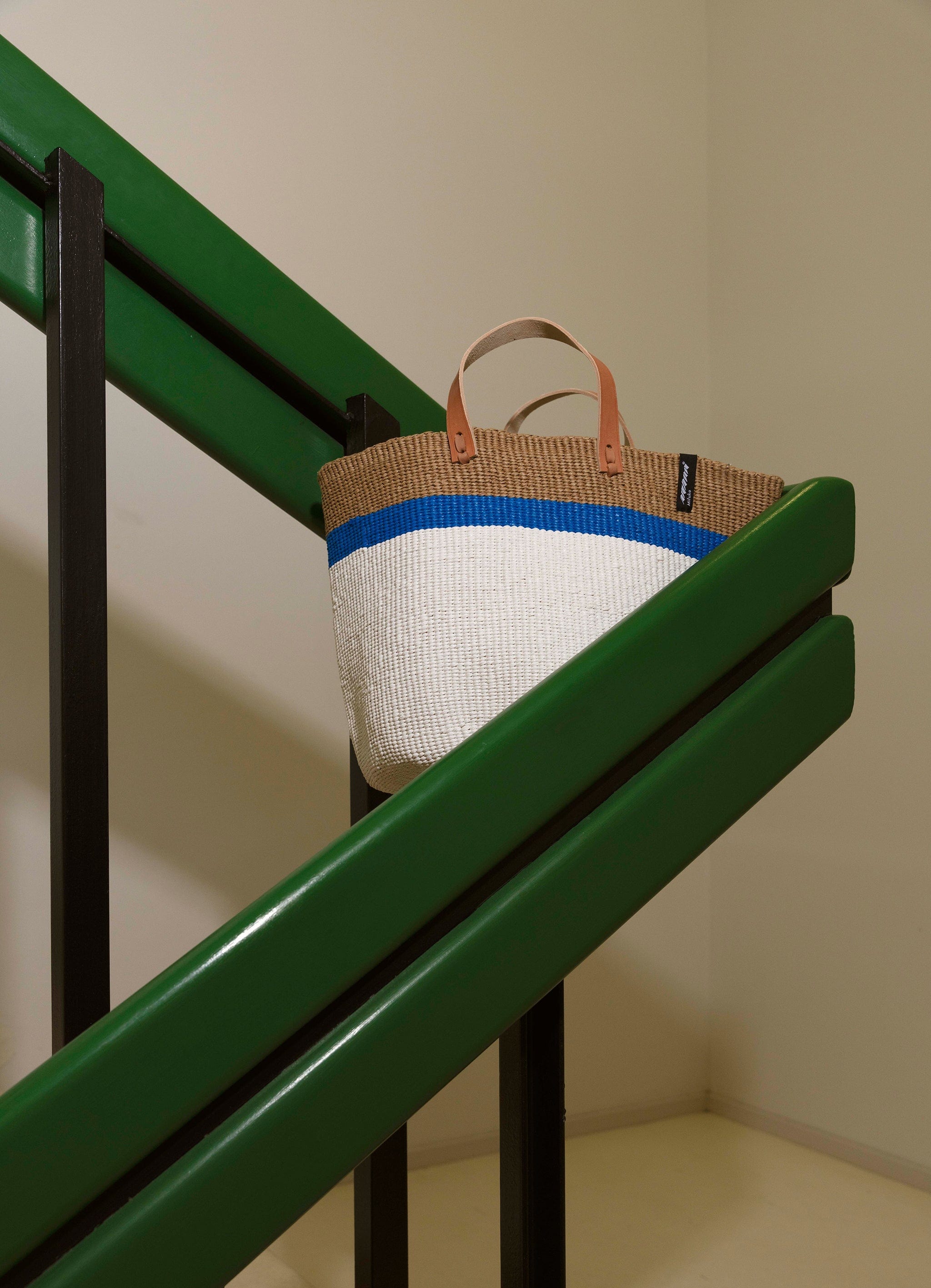 Mifuko Plastic and paper Market basket Kiondo  Market basket | Top stripe blue M handmade fair trade leather handles