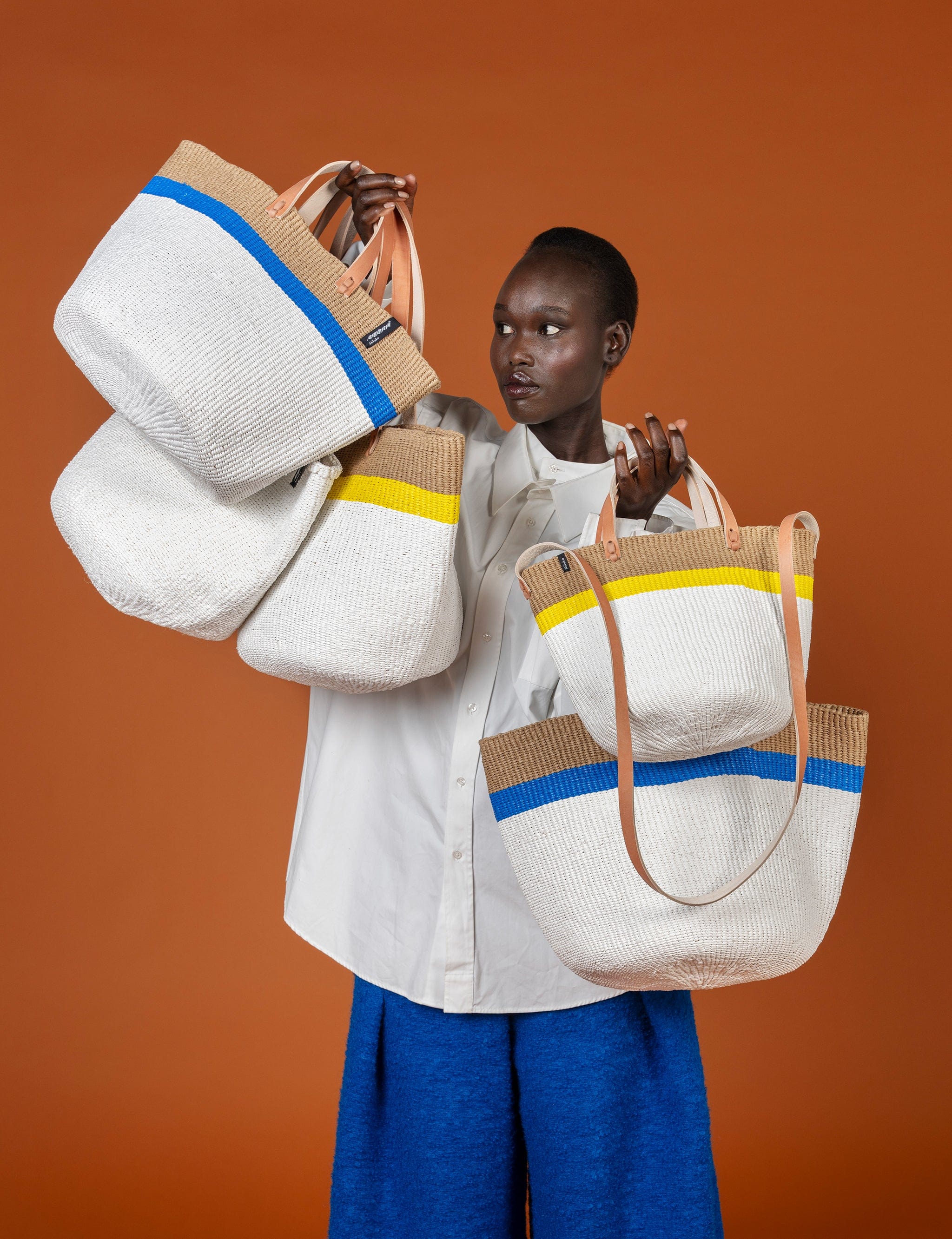 Mifuko Plastic and paper Shopper basket Kiondo Shopper basket | Top stripe blue M handmade leather handles fair trade