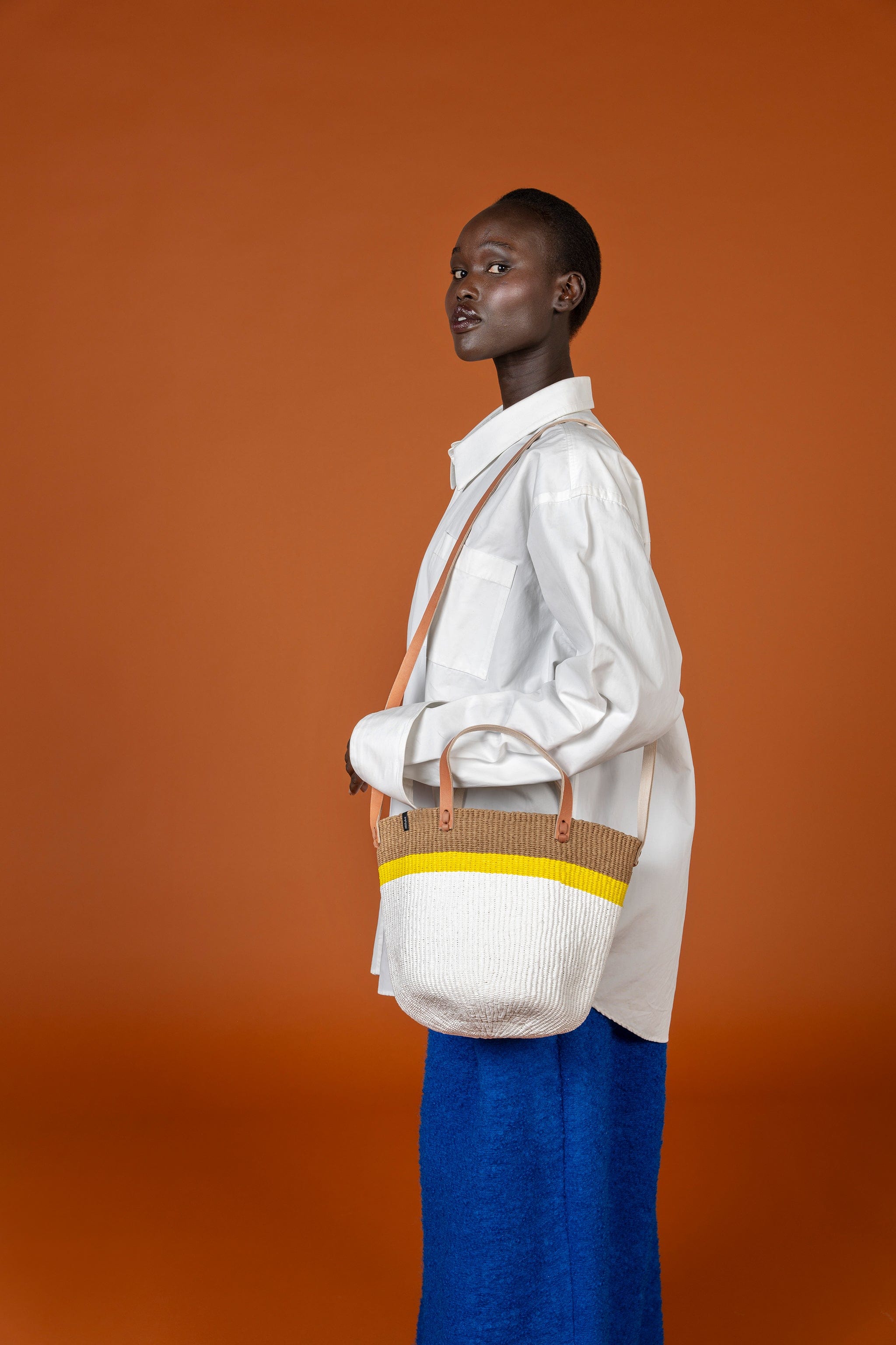 Mifuko Plastic and paper Shopper basket Kiondo shopper basket | Top stripe yellow S handmade fair trade leather handles