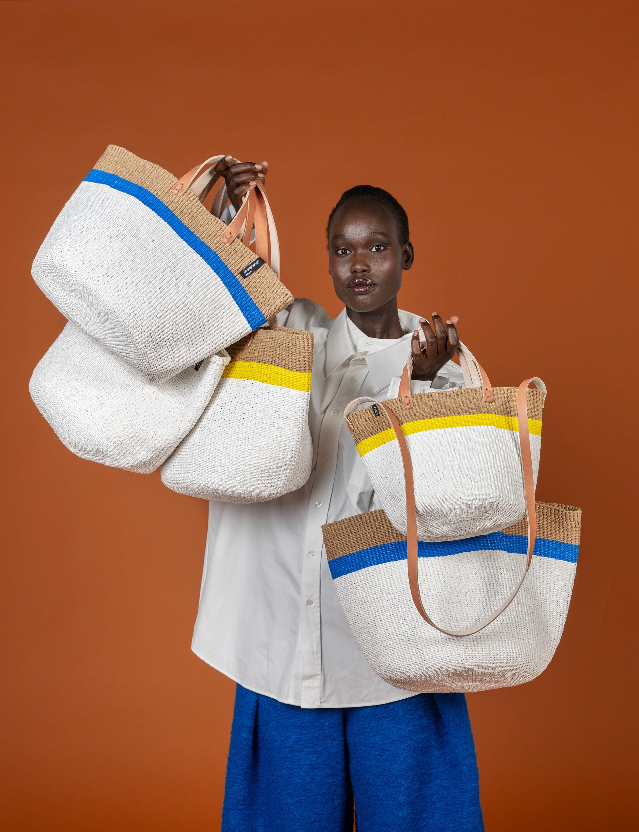 Mifuko Plastic and paper Shopper basket Kiondo shopper basket | Top stripe yellow S handmade fair trade leather handles