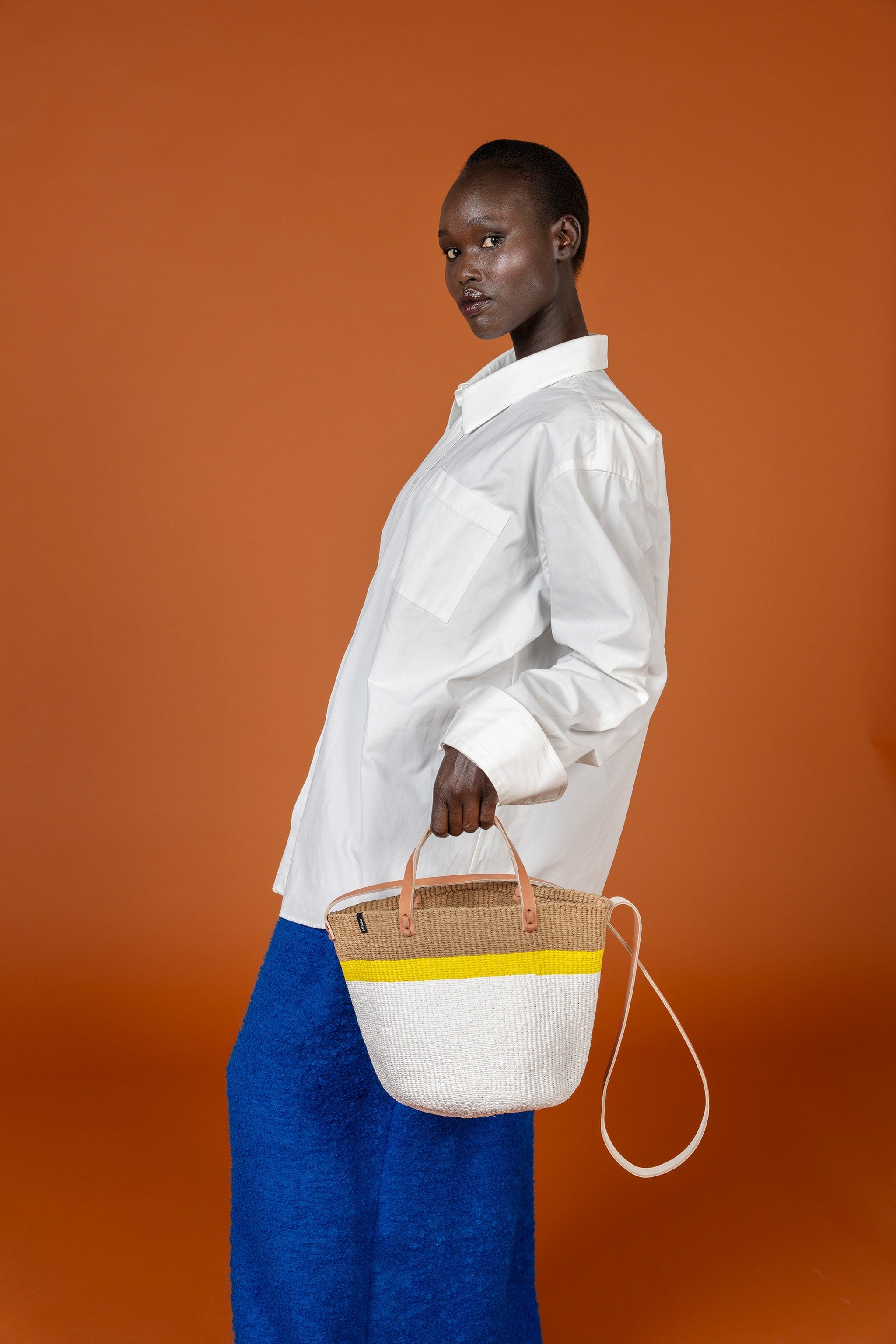 Mifuko Plastic and paper Shopper basket Kiondo shopper basket | Top stripe yellow S handmade fair trade leather handles