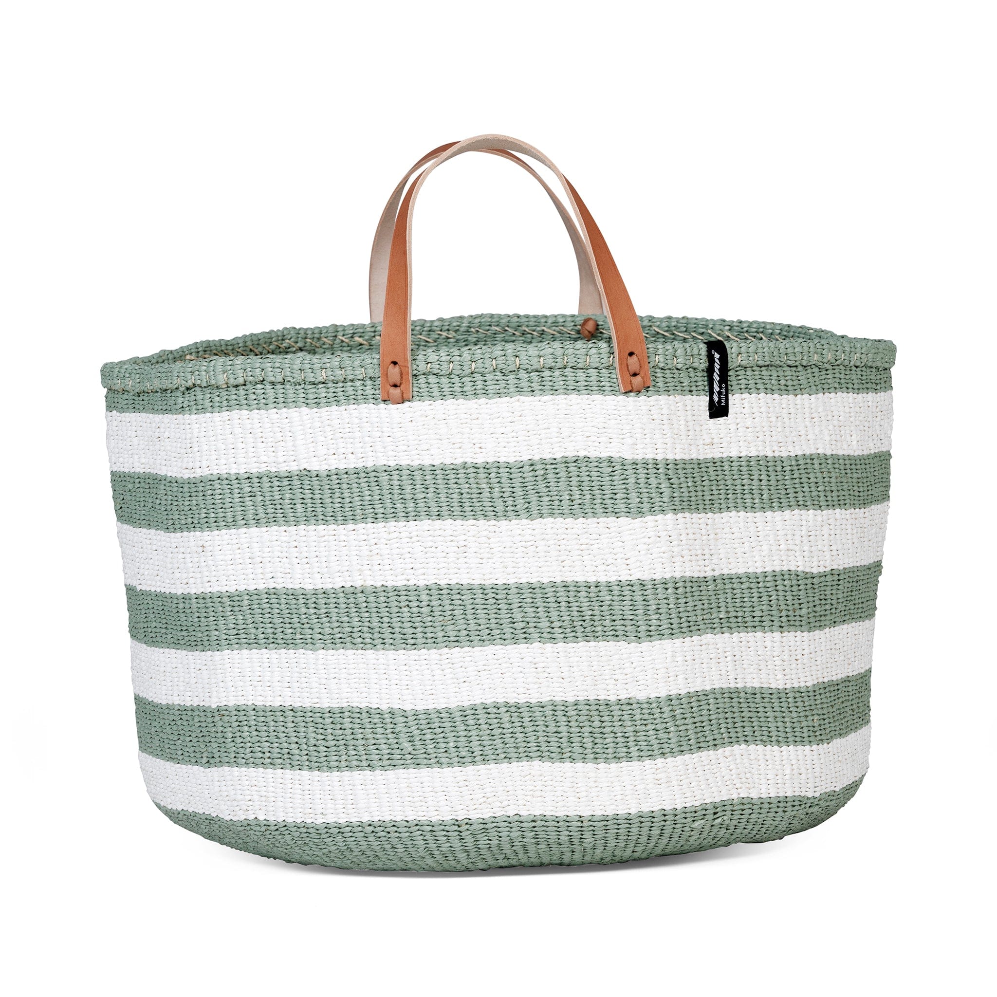 Mifuko Plastic and sisal Large basket with handles Kiondo floor basket | Light green thick stripes with handles XXL