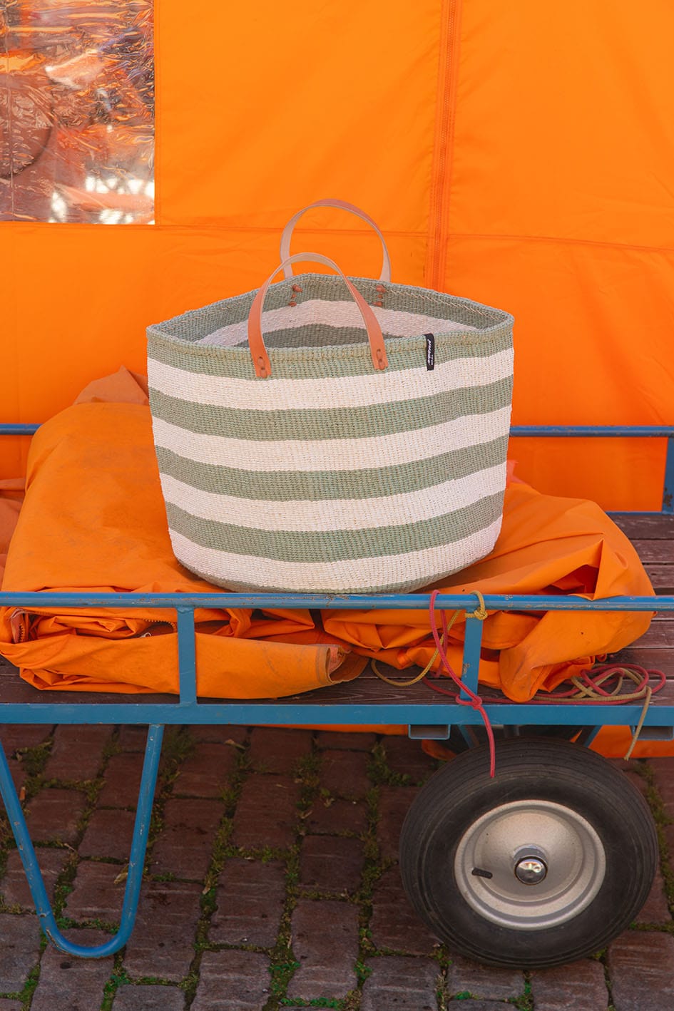 Mifuko Plastic and sisal Large basket with handles Kiondo floor basket | Light green thick stripes with handles XXL