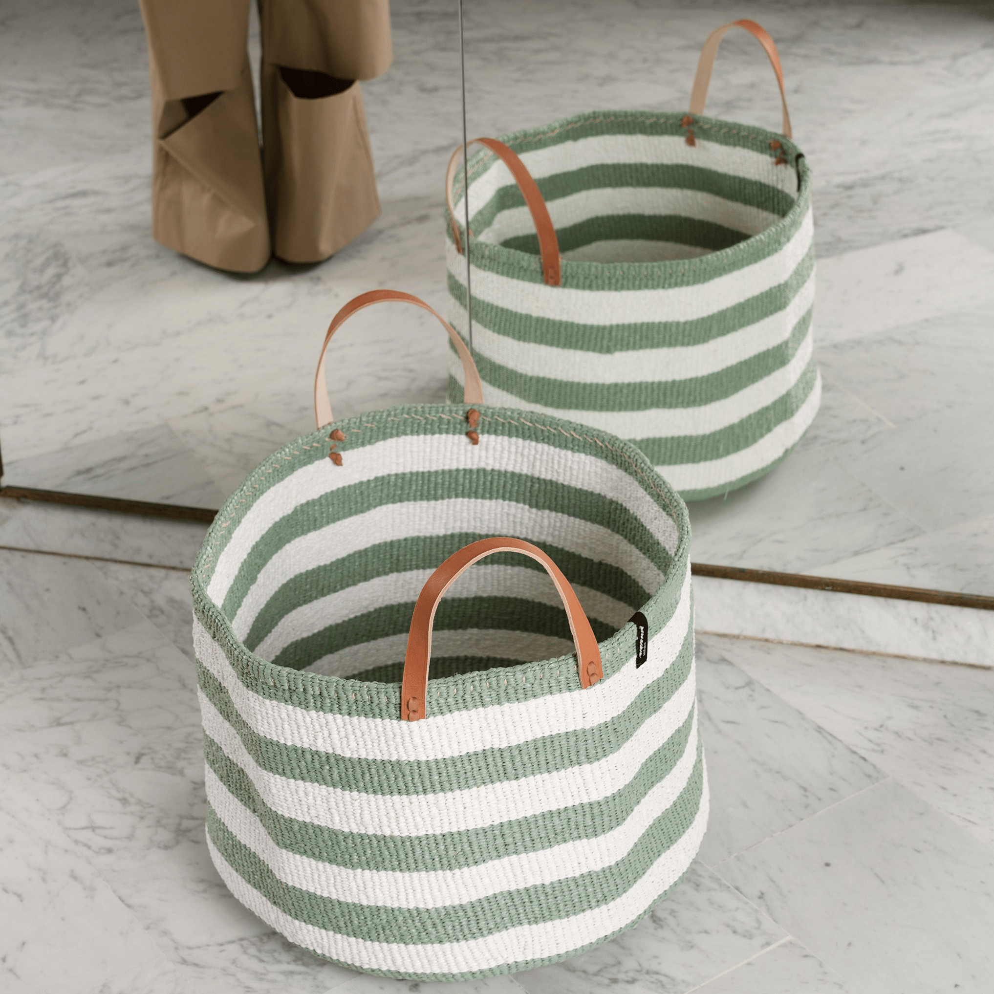 Mifuko Plastic and sisal Large basket with handles Kiondo floor basket | Light green thick stripes with handles XXL