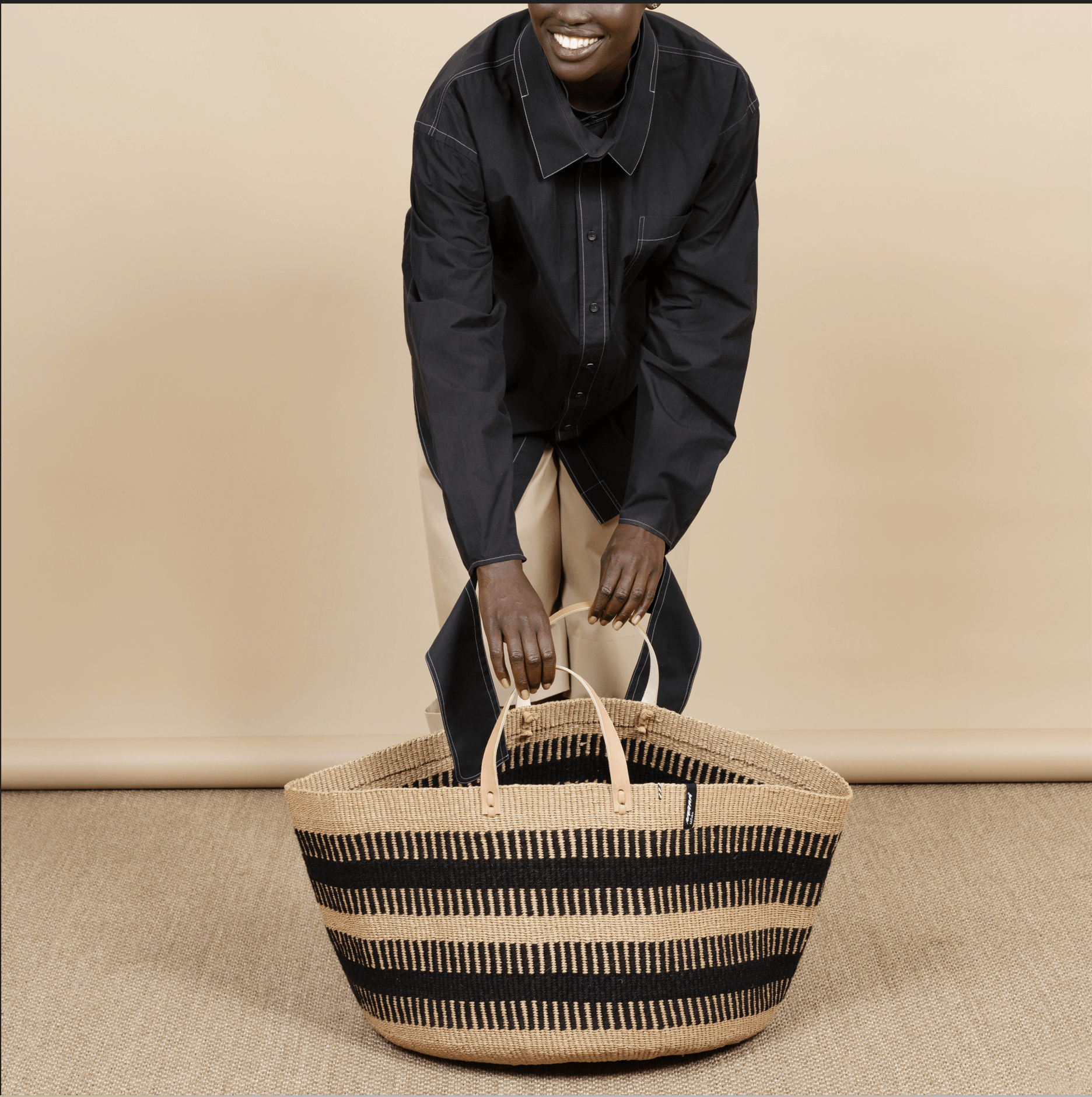 Mifuko Wool and paper Large basket with handle Pamba floor basket | Black rib weave with handles XXL