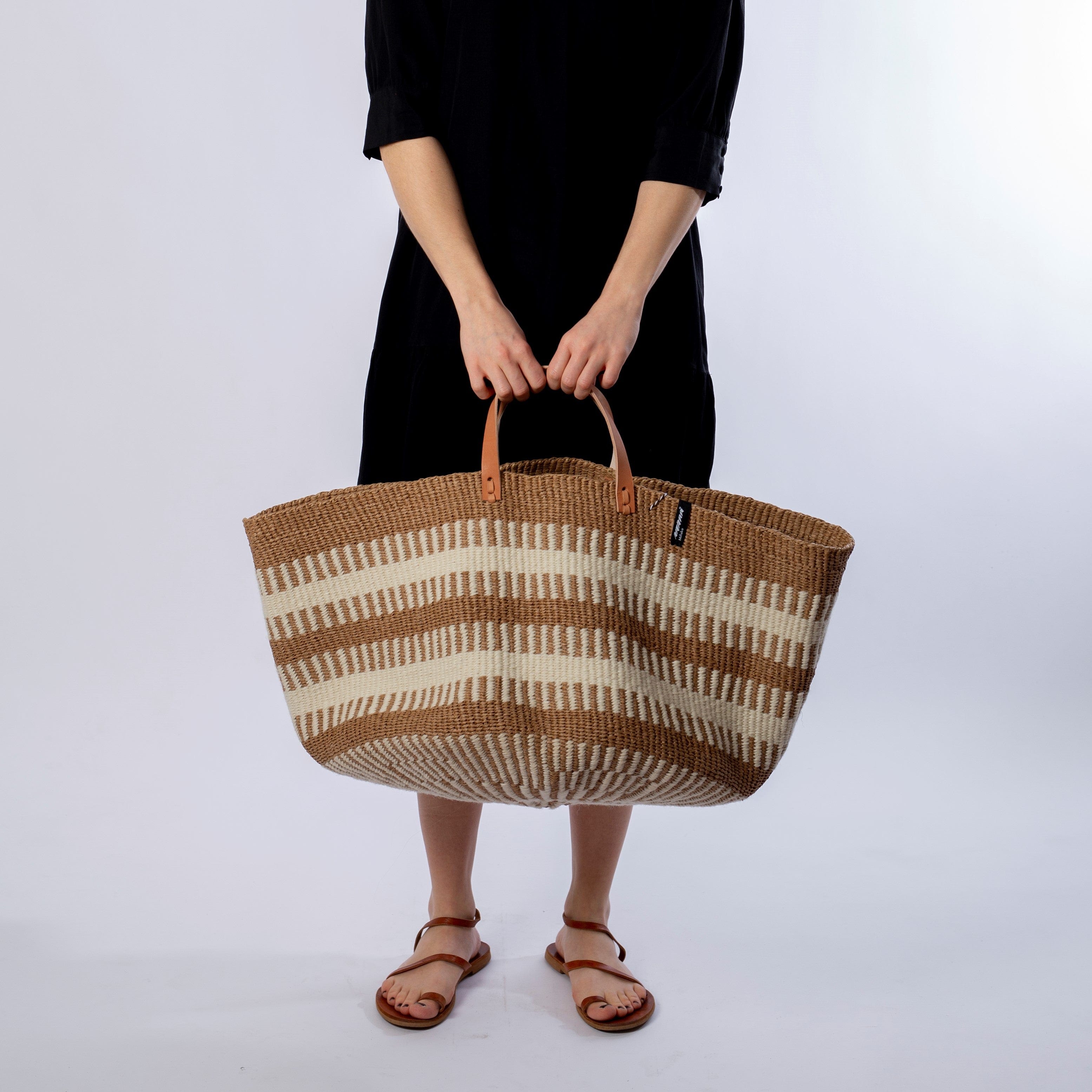 Mifuko Wool and paper Large basket with handle XXL Pamba floor basket | White rib weave with Handle XXL