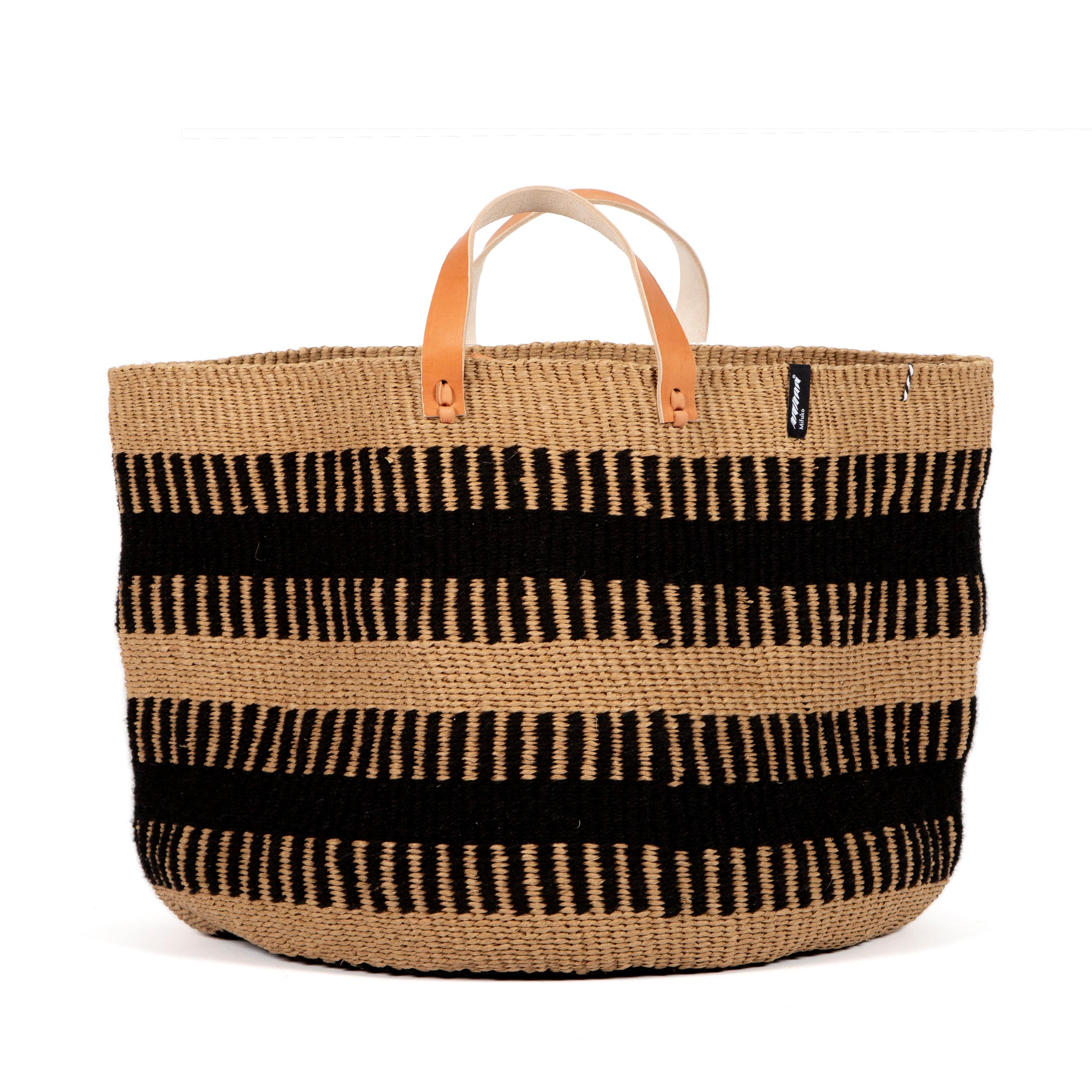 Mifuko Wool and paper Large basket with handle Pamba floor basket | Black rib weave with handles XXL