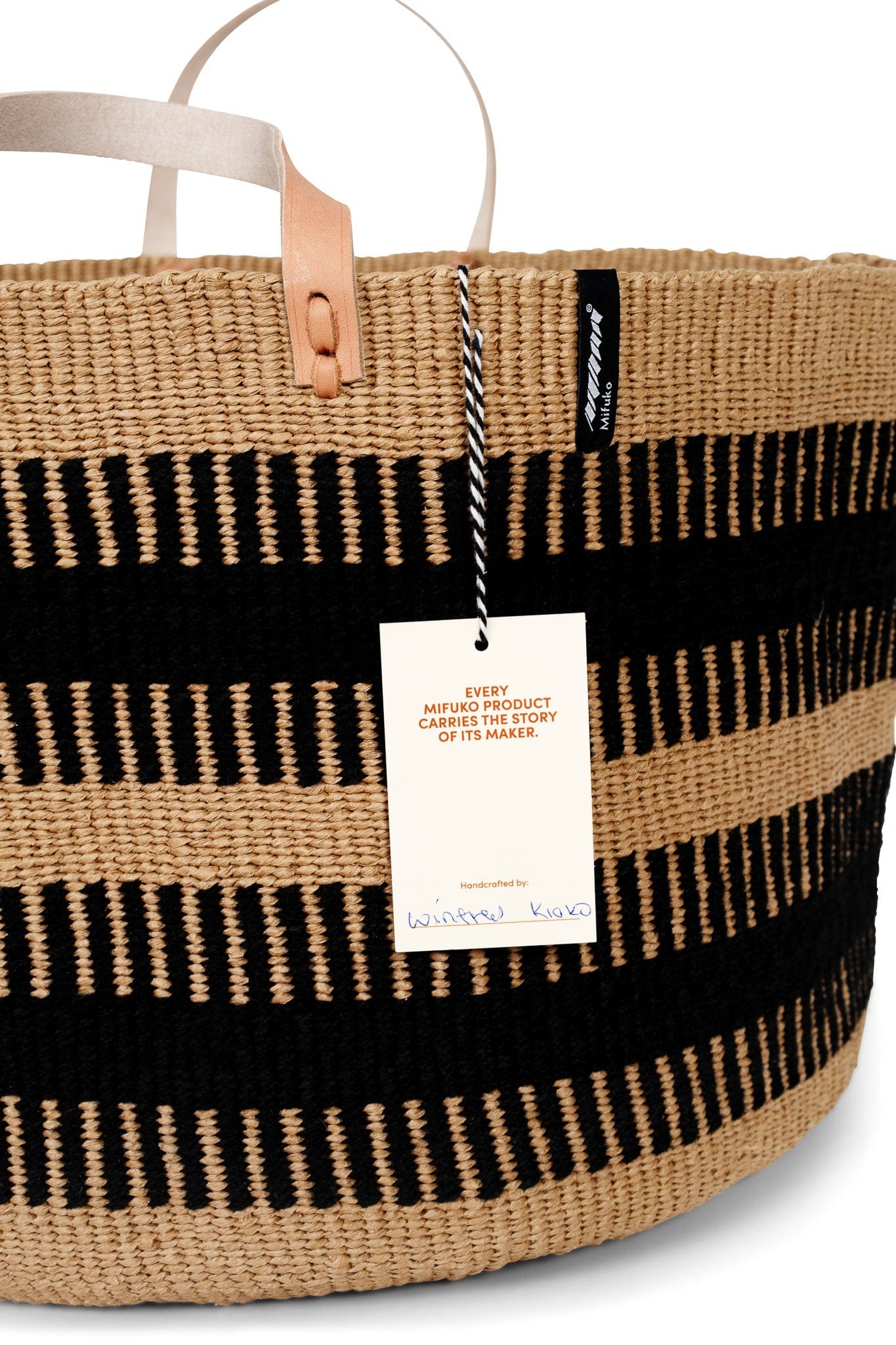 Mifuko Wool and paper Large basket with handle Pamba floor basket | Black rib weave with handles XXL