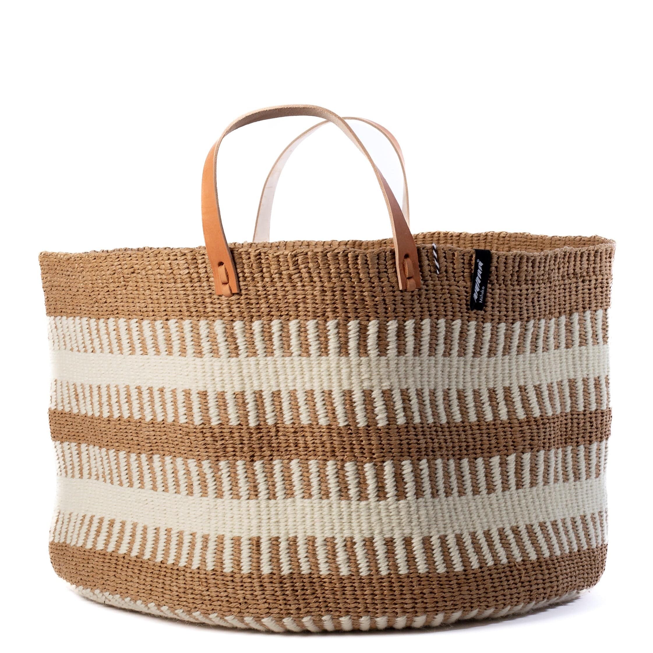 Mifuko Wool and paper Large basket with handle XXL Pamba floor basket | White rib weave with Handle XXL