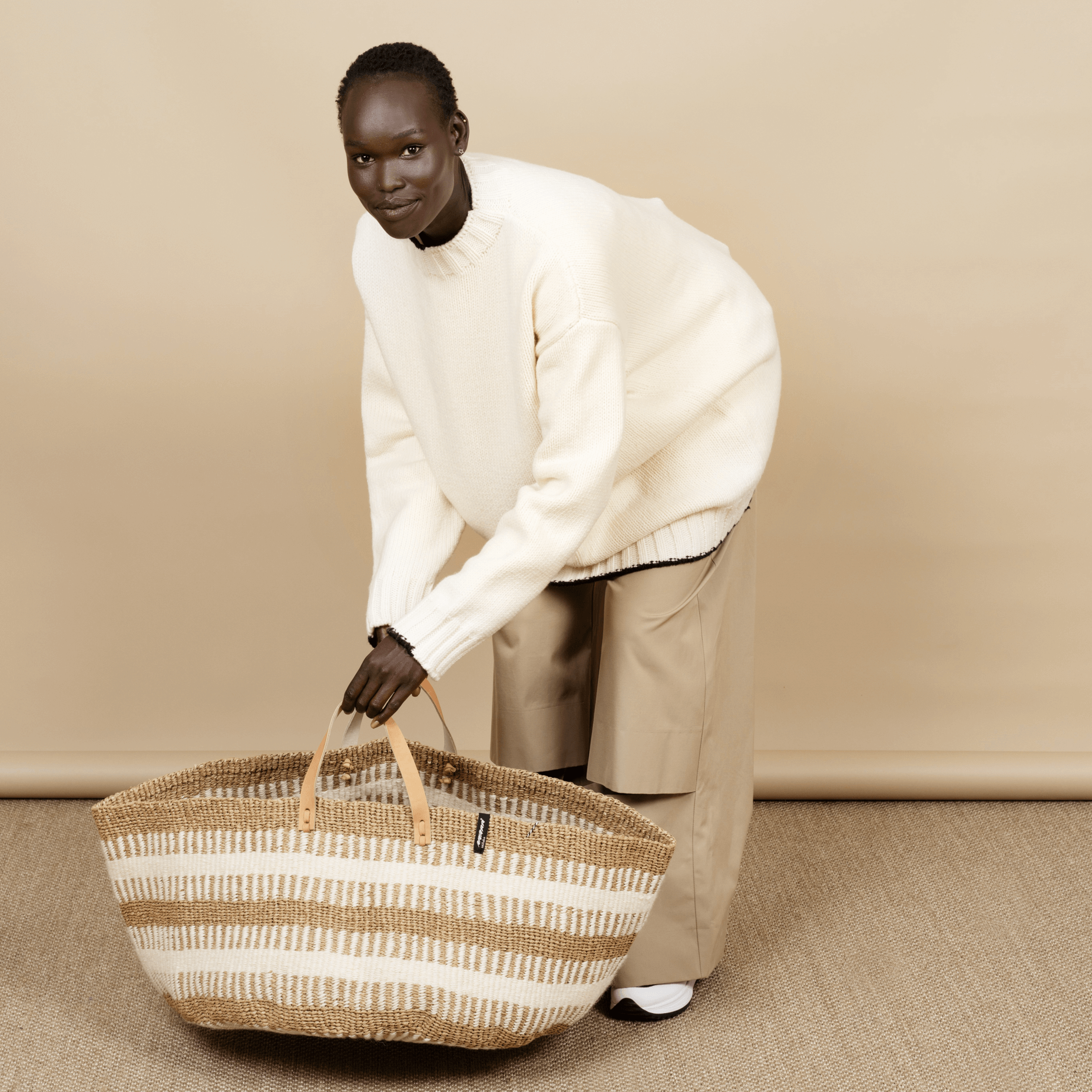 Pamba floor basket White rib weave with Handle XXL