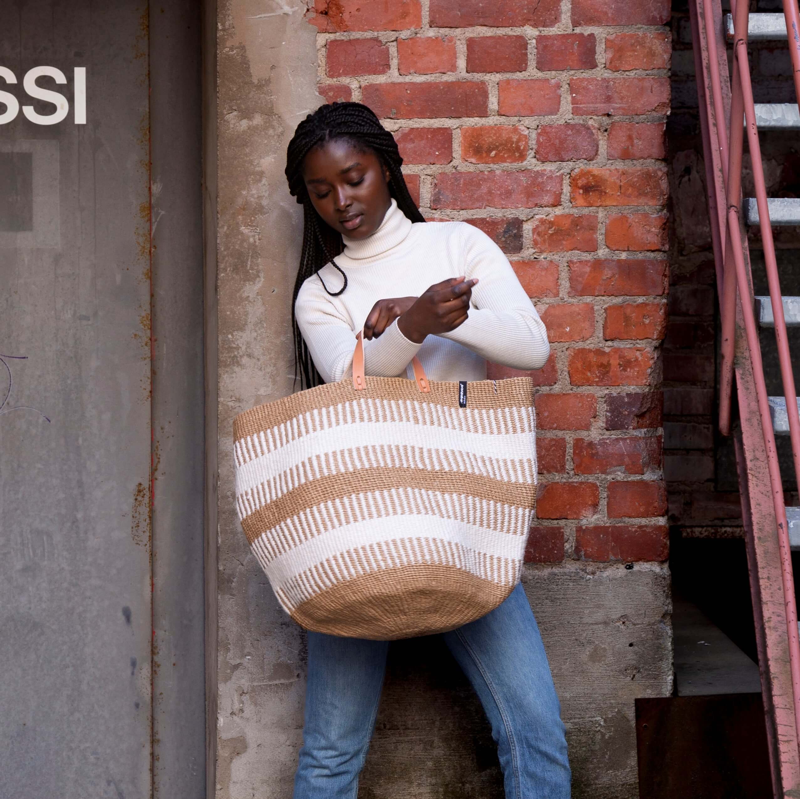 Mifuko Wool and paper Market basket Pamba market basket | White rib weave L