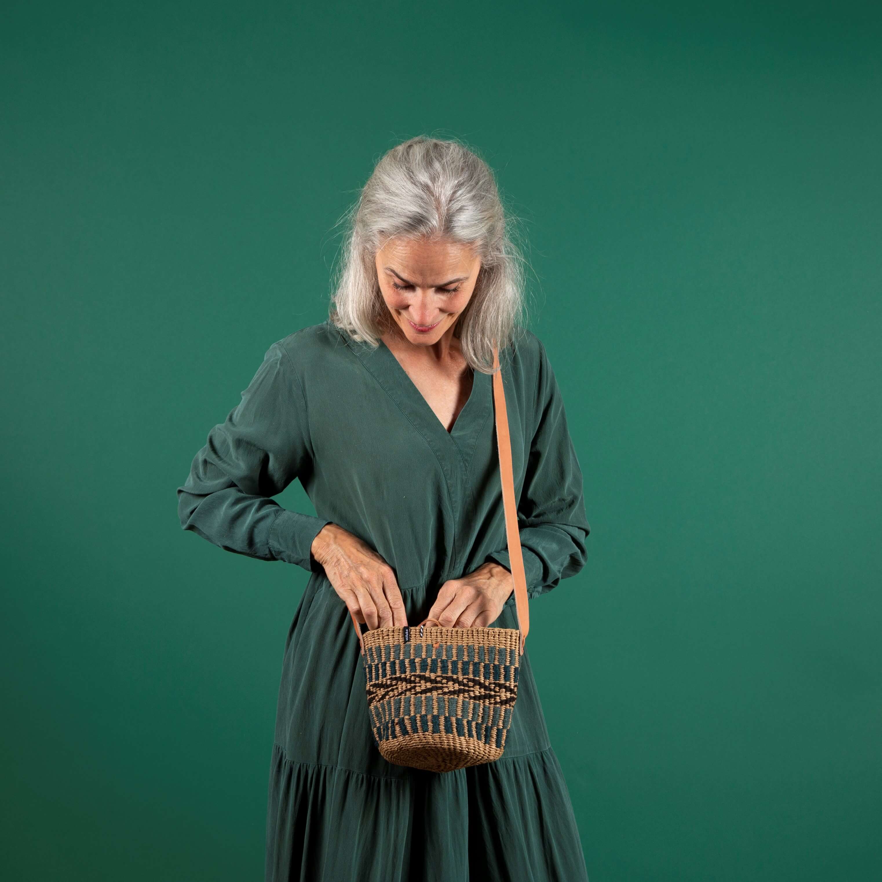 Mifuko Wool and paper Shopper basket Pamba shopper basket | Green pattern weave XS
