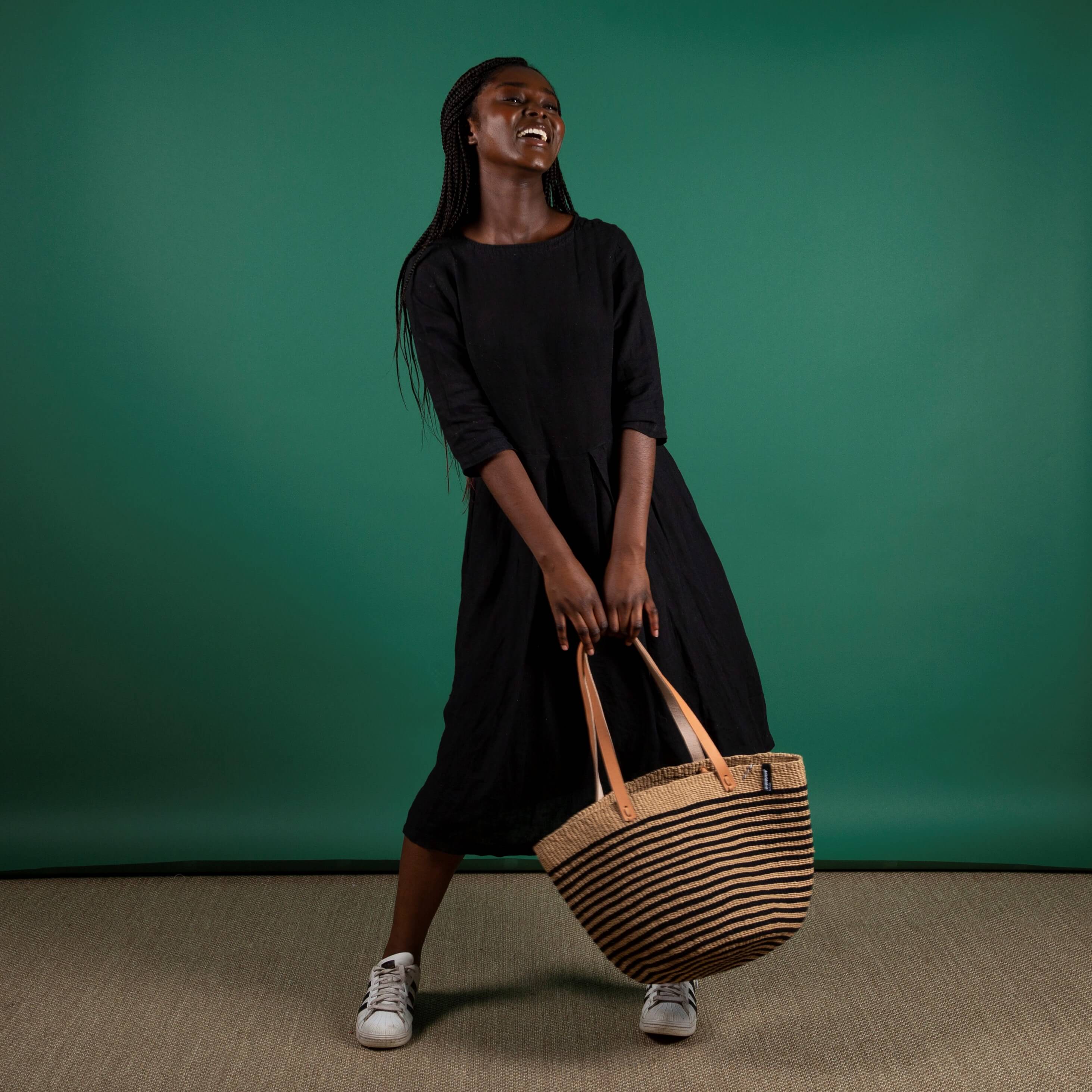 Mifuko Wool and paper Shopper basket Pamba shopper basket | Black thin stripes M