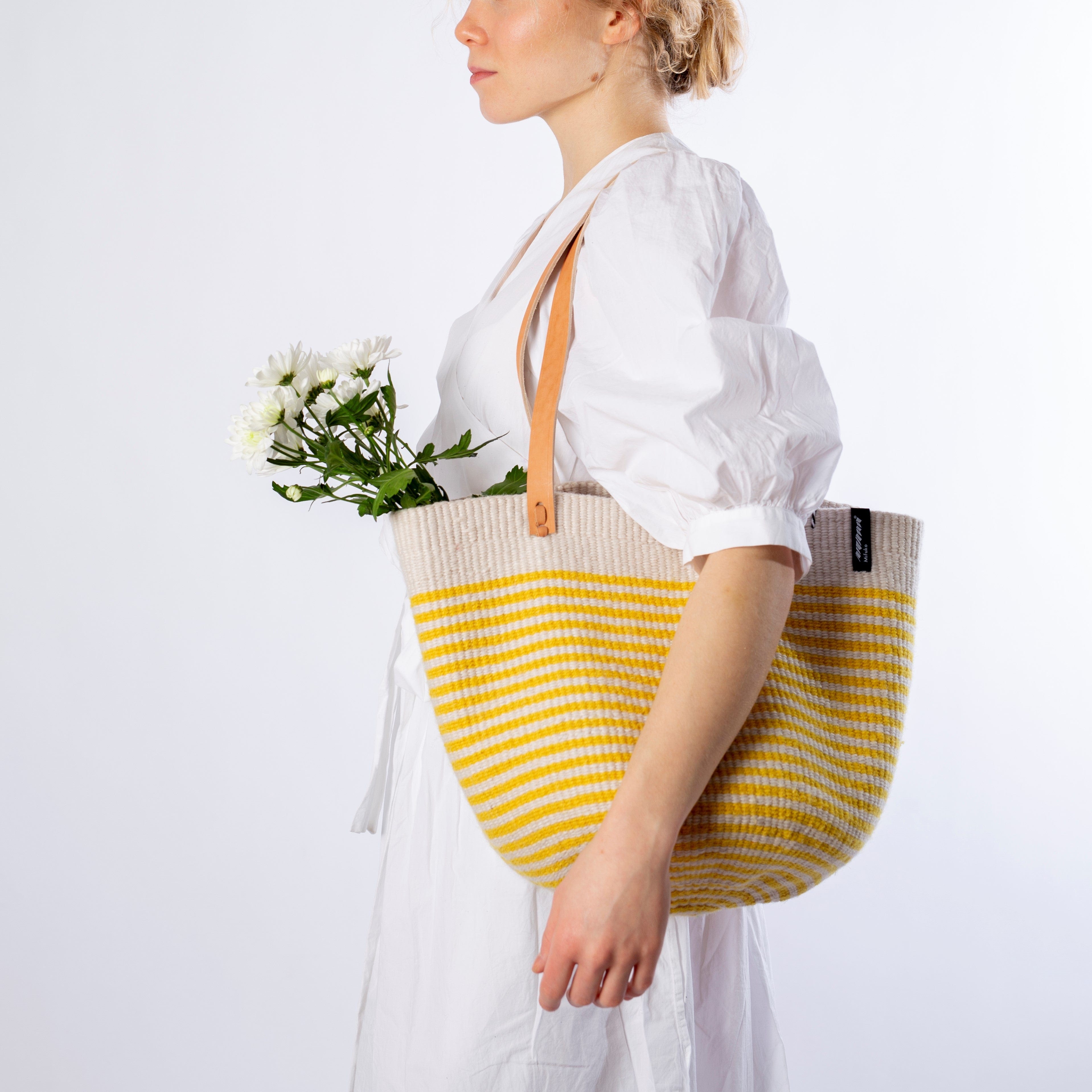 Mifuko Wool and paper Shopper basket Pamba shopper basket | Thin yellow stripes M