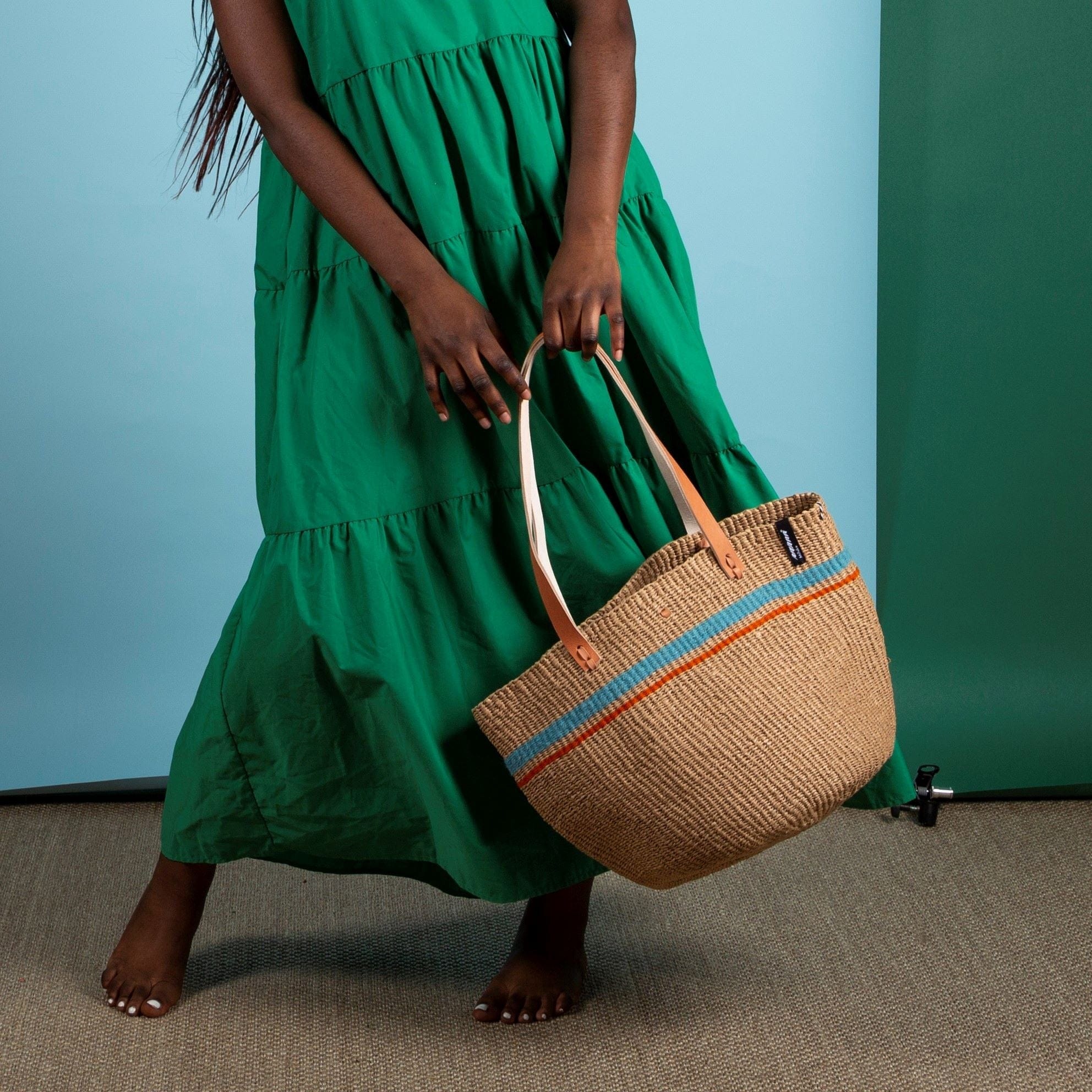 Mifuko Wool and paper Shopper basket Pamba shopper basket | Turquoise two stripes M