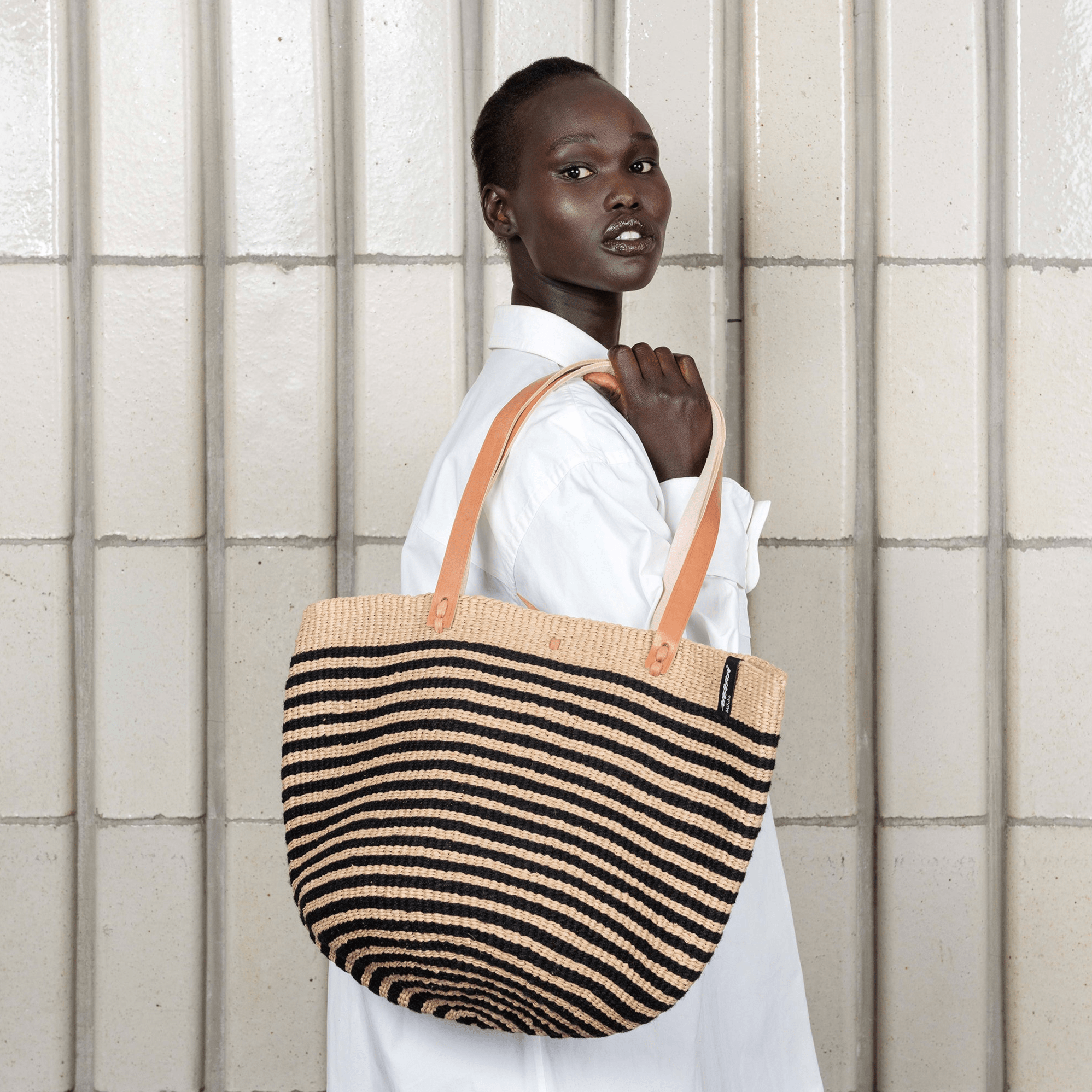 Mifuko Wool and paper Shopper basket Pamba Shopper basket | Black thin stripes M