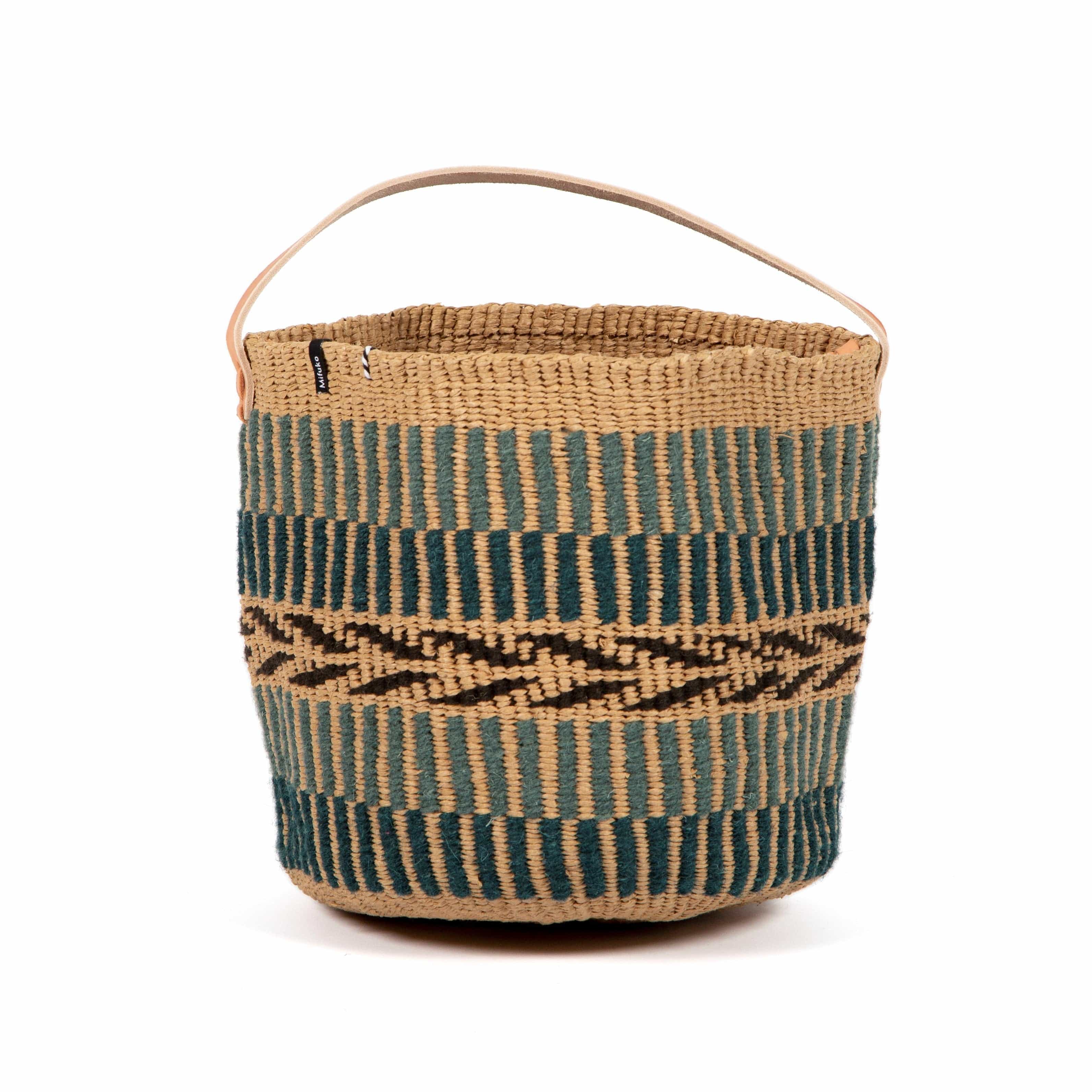 Mifuko Wool and paper Small basket with short handle Pamba basket with handle | Green pattern weave S
