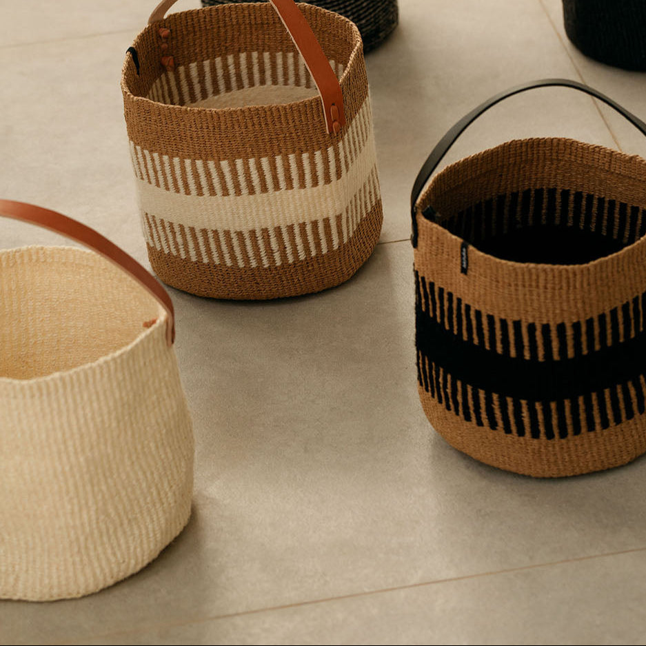 natural sisal basket with leather handle fair trade handmade