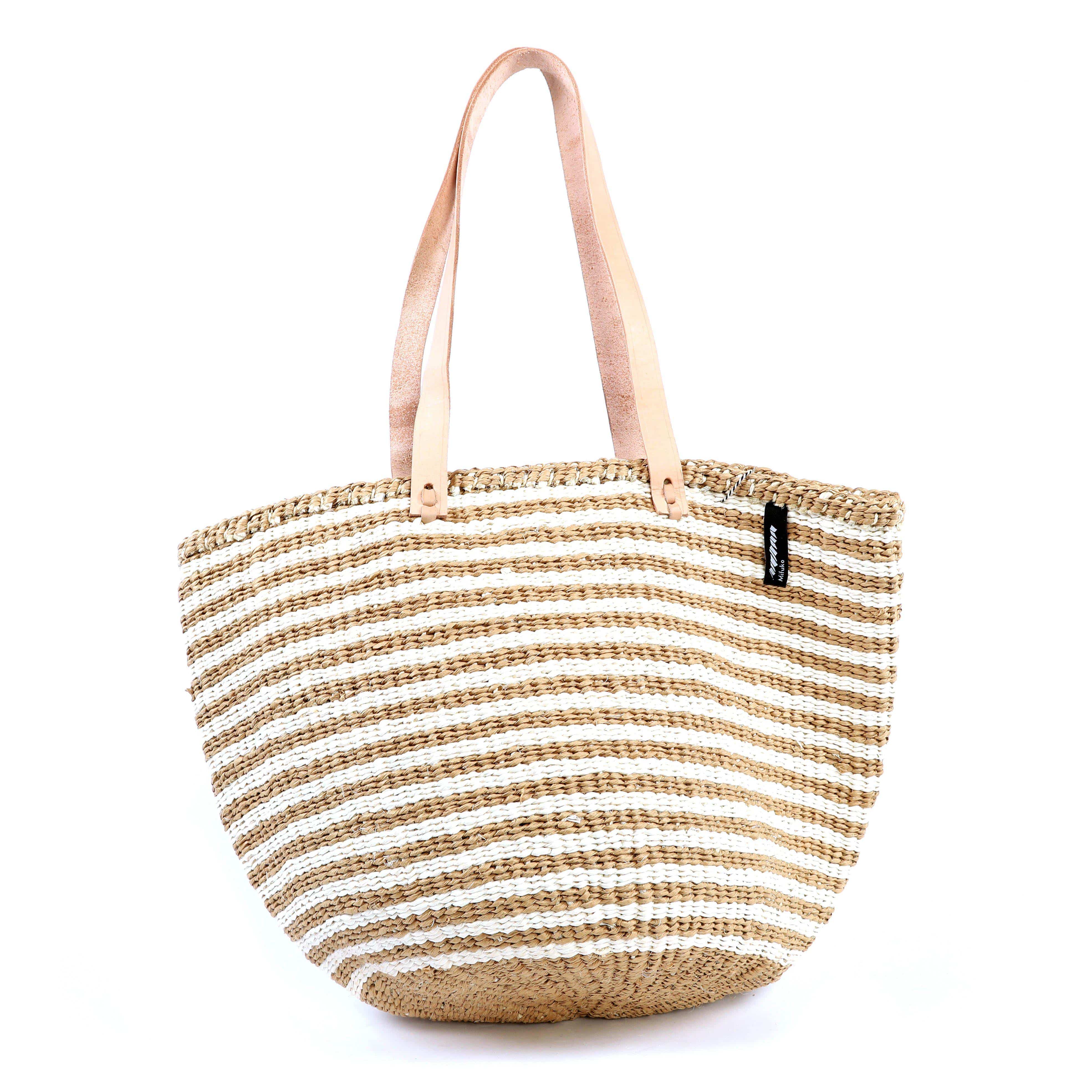 Handmade fair trade Paper Kiondo shopper basket | Thin brown stripes M