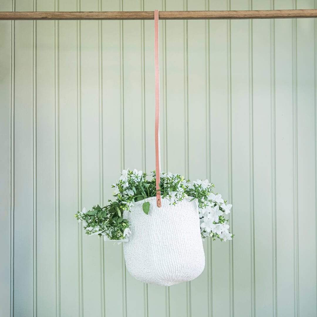 Mifuko Partly recycled plastic and sisal Basket with long handle S Kiondo hanging basket | White S