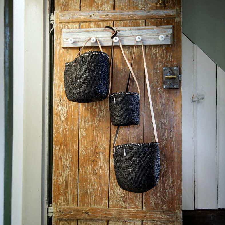 Mifuko Partly recycled plastic and sisal Basket with long handle XS Kiondo hanging basket | Black XS