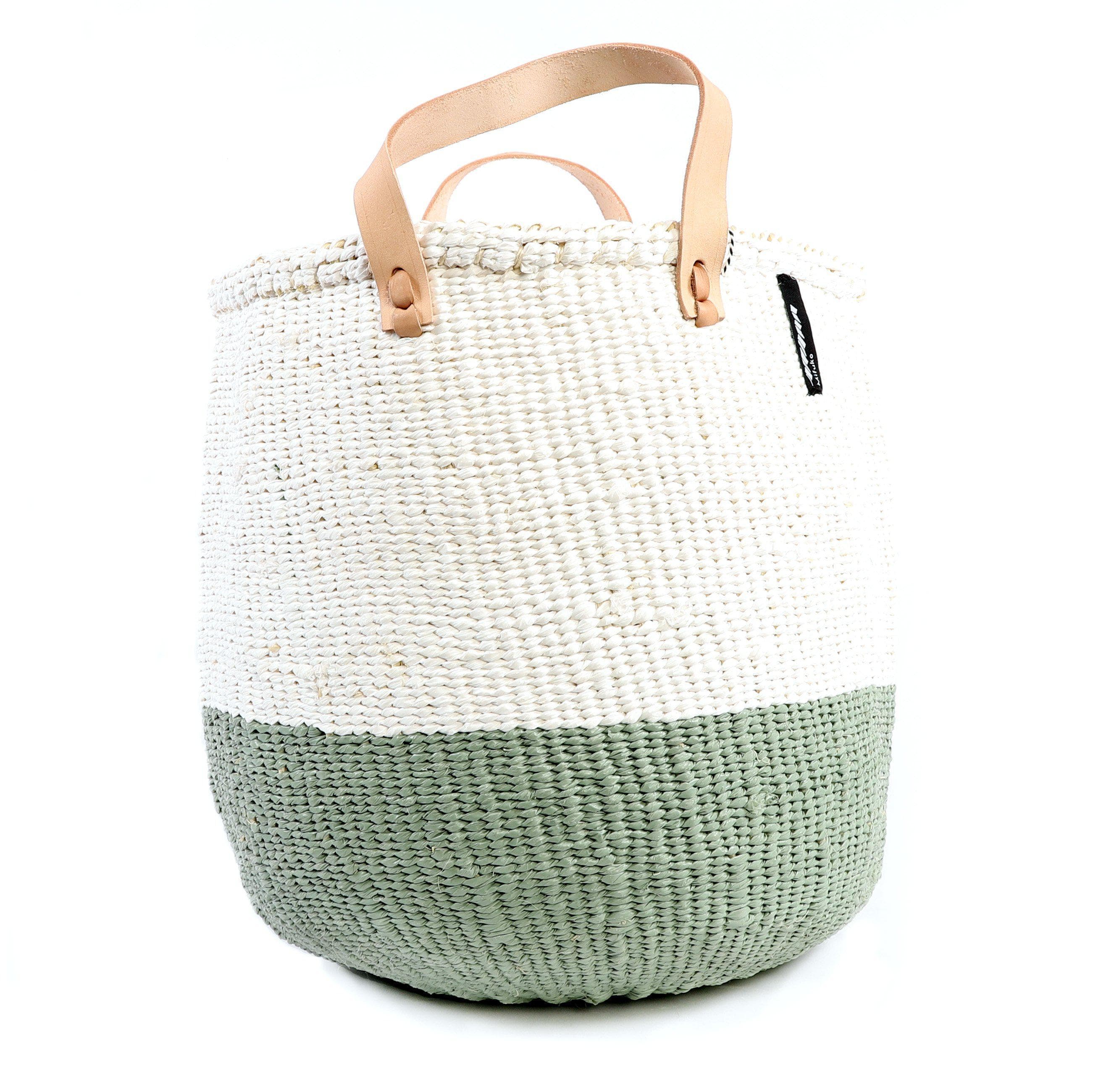 Handmade fair trade Partly recycled plastic and sisal Kiondo market basket | White and light green duo M
