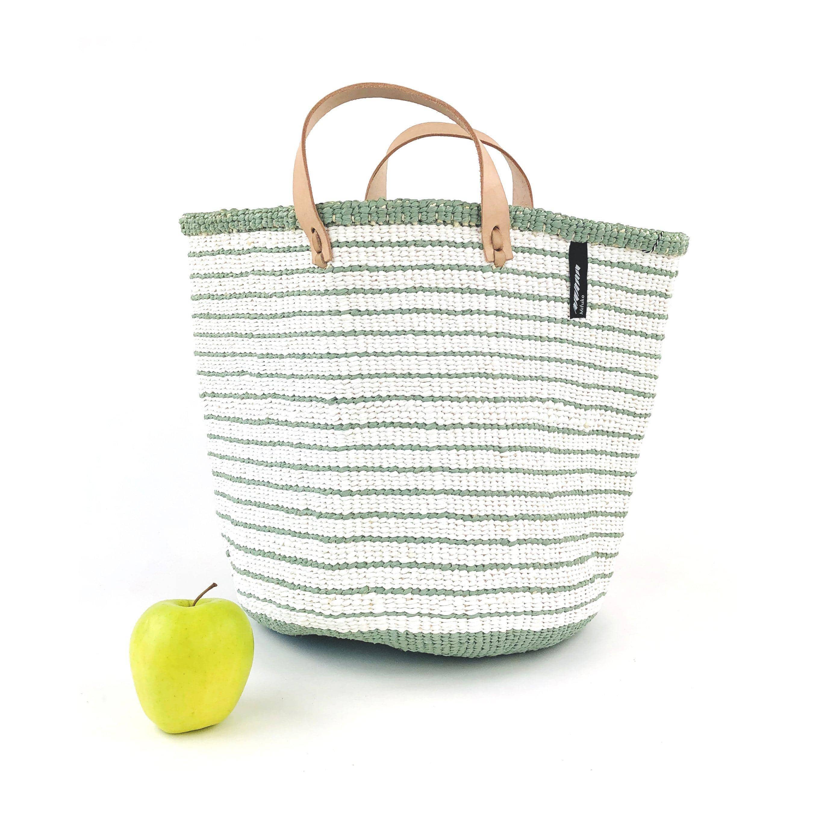 Handmade fair trade Partly recycled plastic and sisal Kiondo market basket | Light green multistripes M