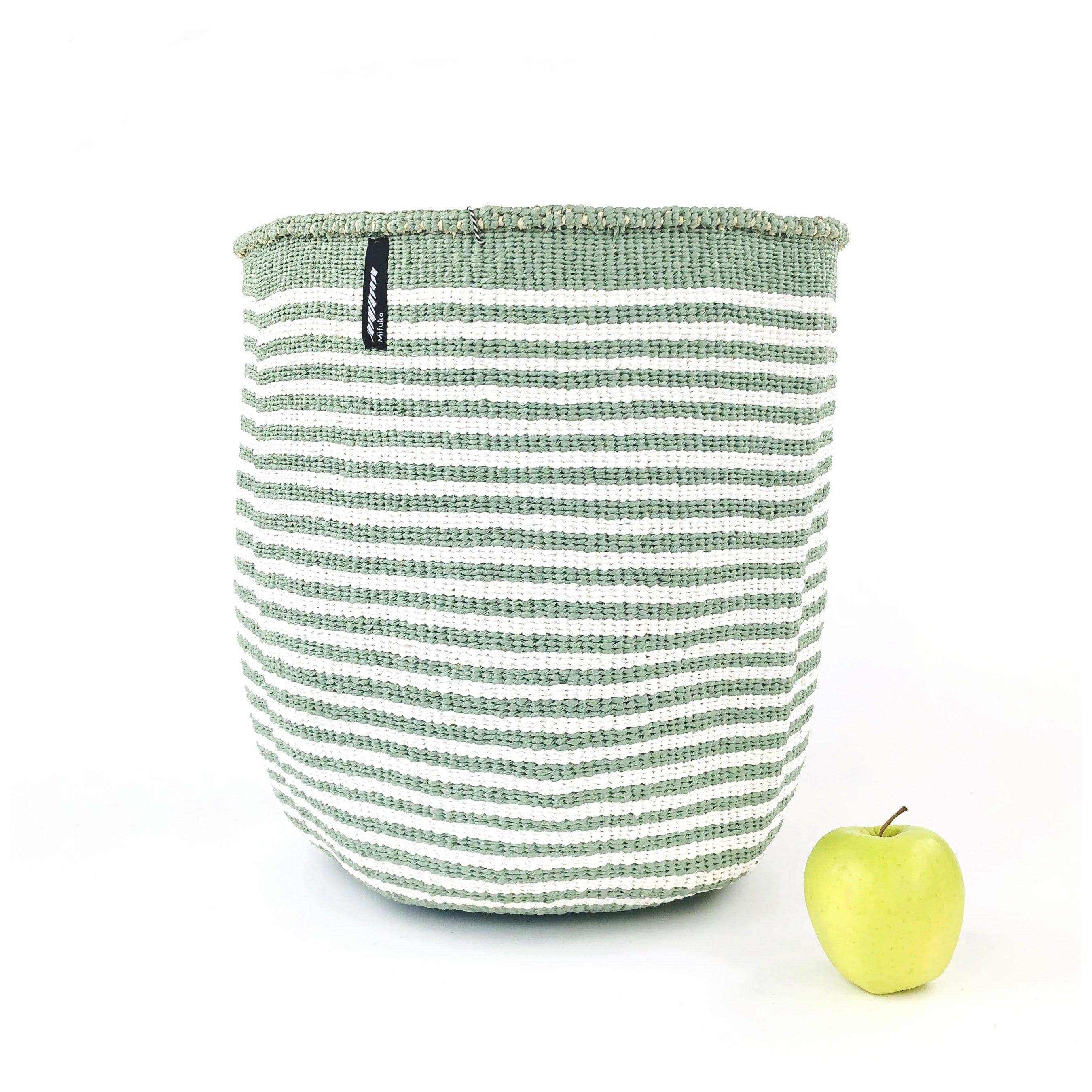 Handmade fair trade Partly recycled plastic and sisal Kiondo basket | Thin light green stripes L