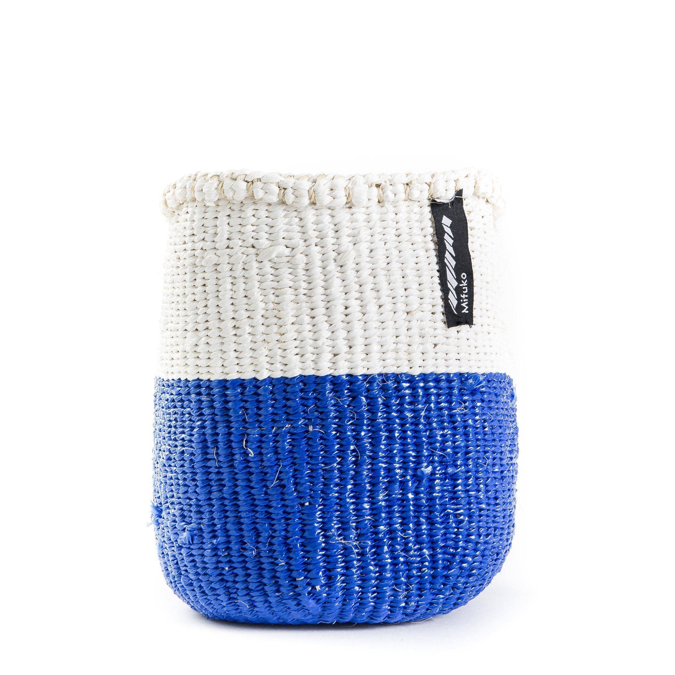 Handmade fair trade Partly recycled plastic and sisal Kiondo basket | White and blue duo XS